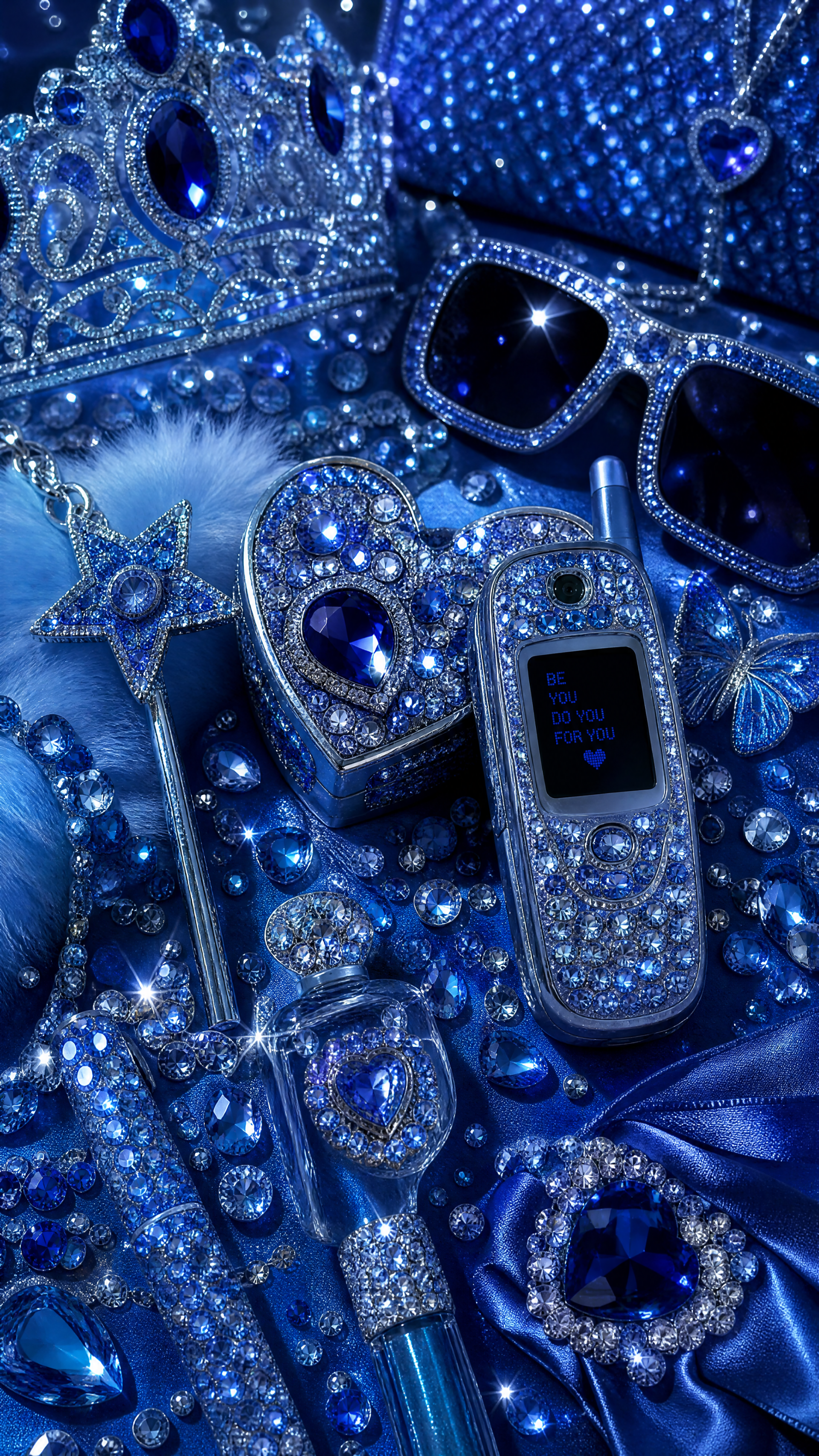 Bedazzled iPhone wallpaper showing rhinestone-studded flip phone, crown, sunglasses and heart-shaped jewels on shimmering blue satin.