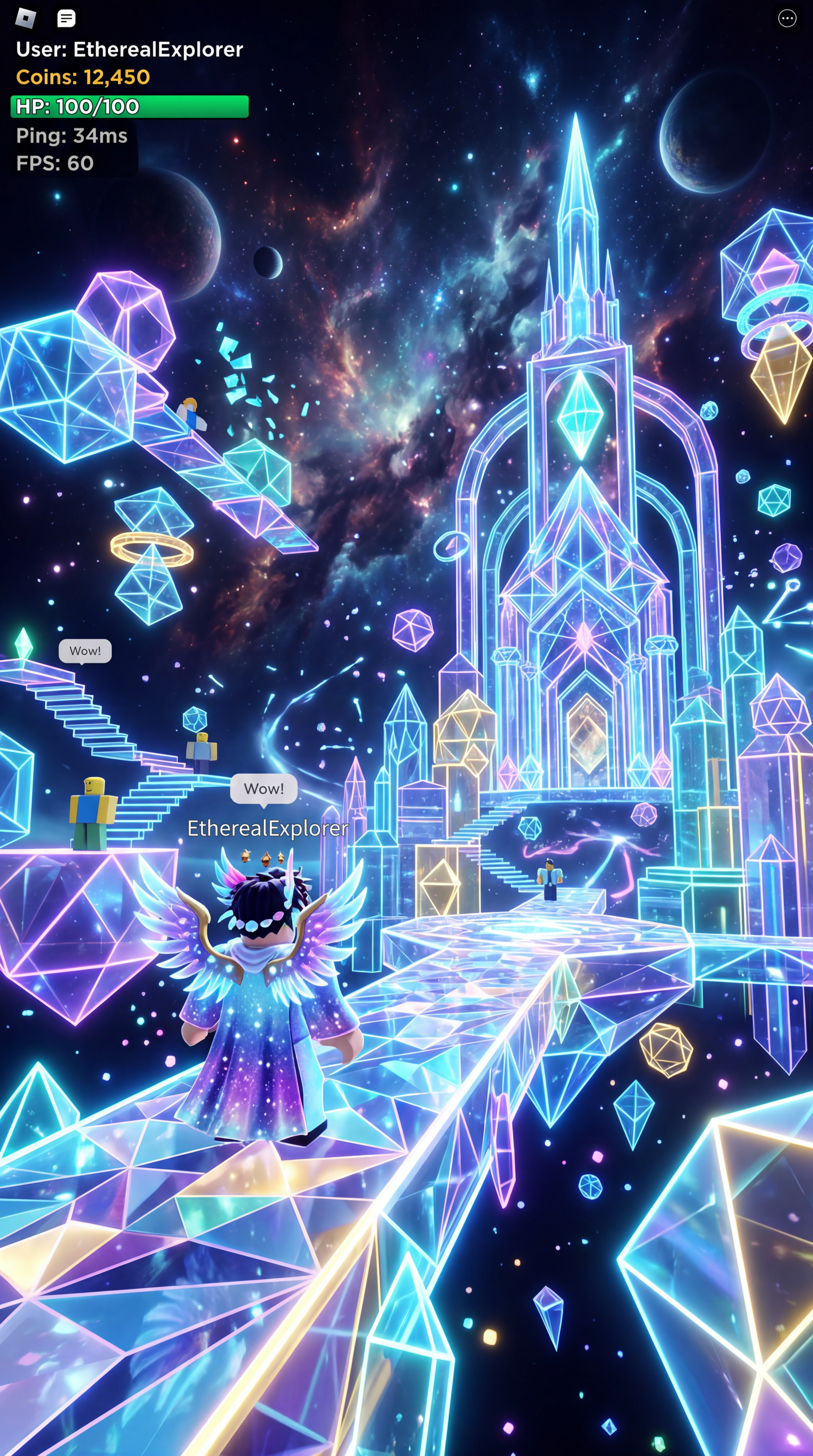 Roblox iPhone wallpaper: neon crystalline floating palace in space, glowing walkways and a winged avatar approaching a luminous castle beneath a starry nebula.