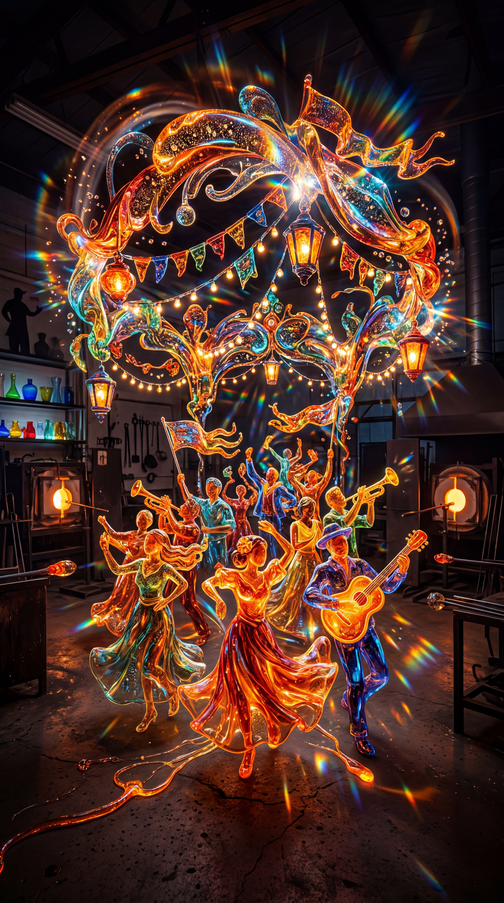 Phone/iPhone wallpaper of a glowing fiesta: dancers and musicians in swirling ribbons, lanterns and bunting forming a radiant, kaleidoscopic display.
