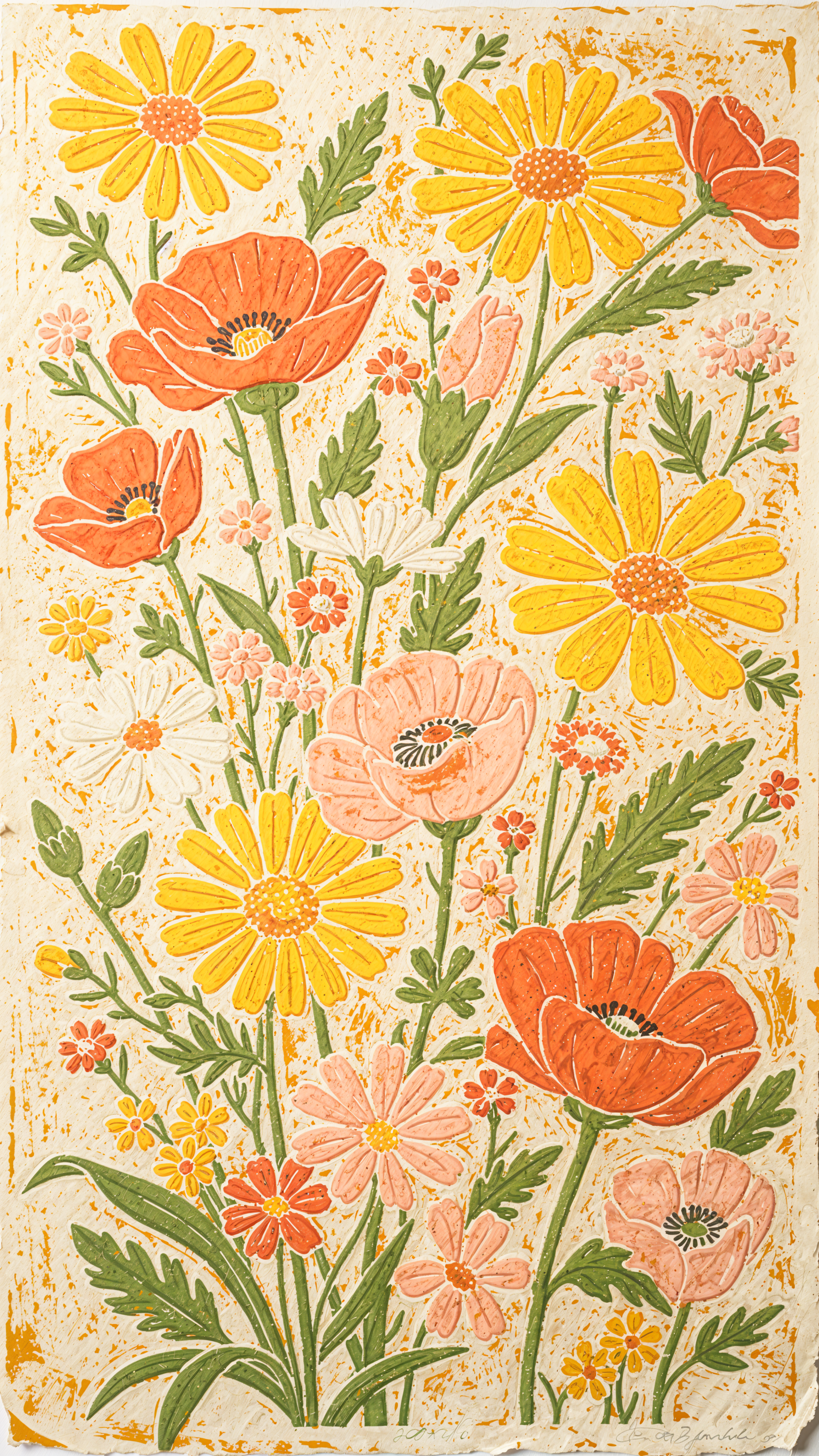 Summer floral iPhone wallpaper: stylized yellow daisies and orange-pink poppies with green foliage on a textured cream background.