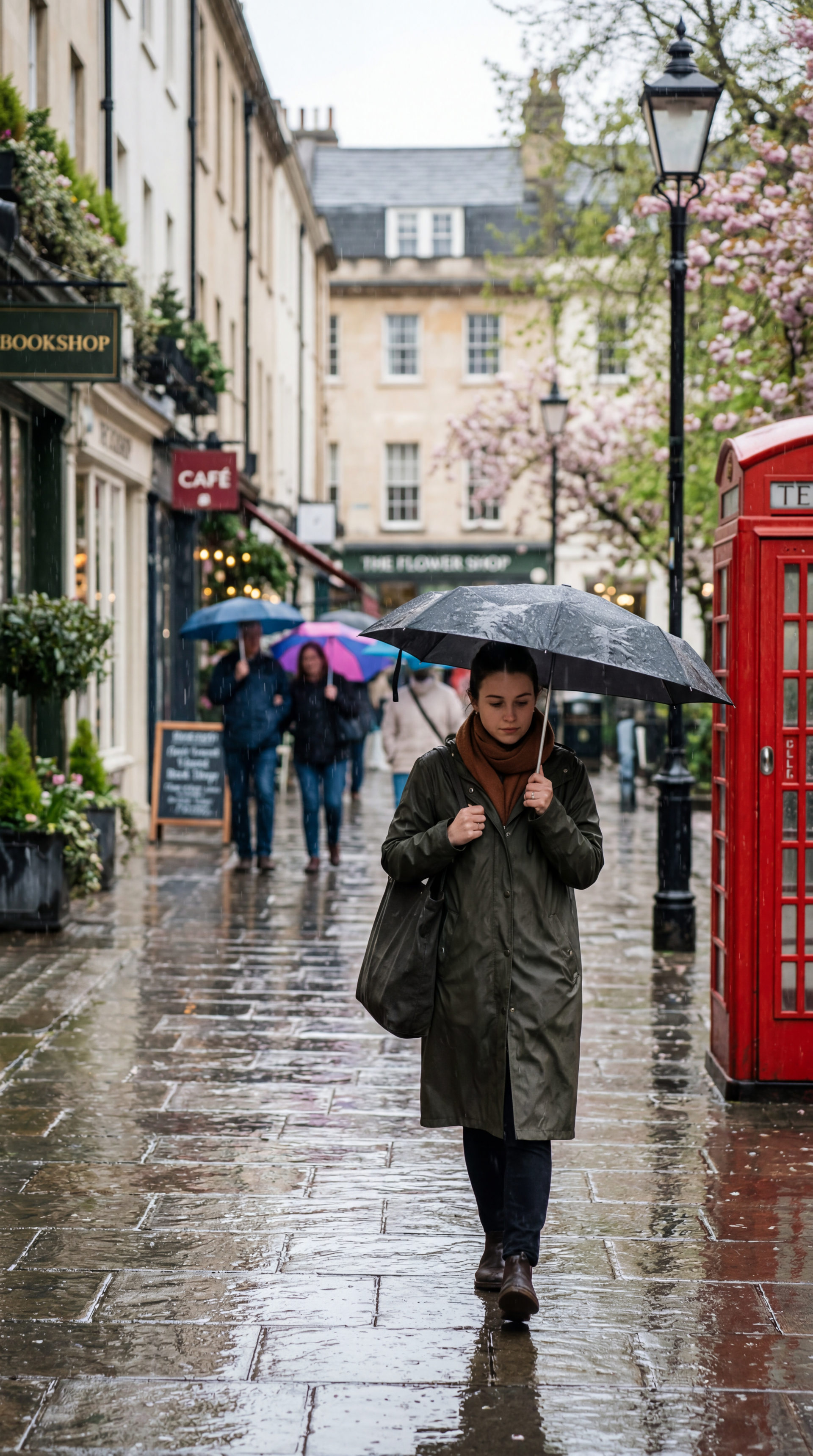 iPhone wallpaper: woman walking under an umbrella on a rain‑slick city street with cherry blossoms and a red phone box, spring rain scene.
