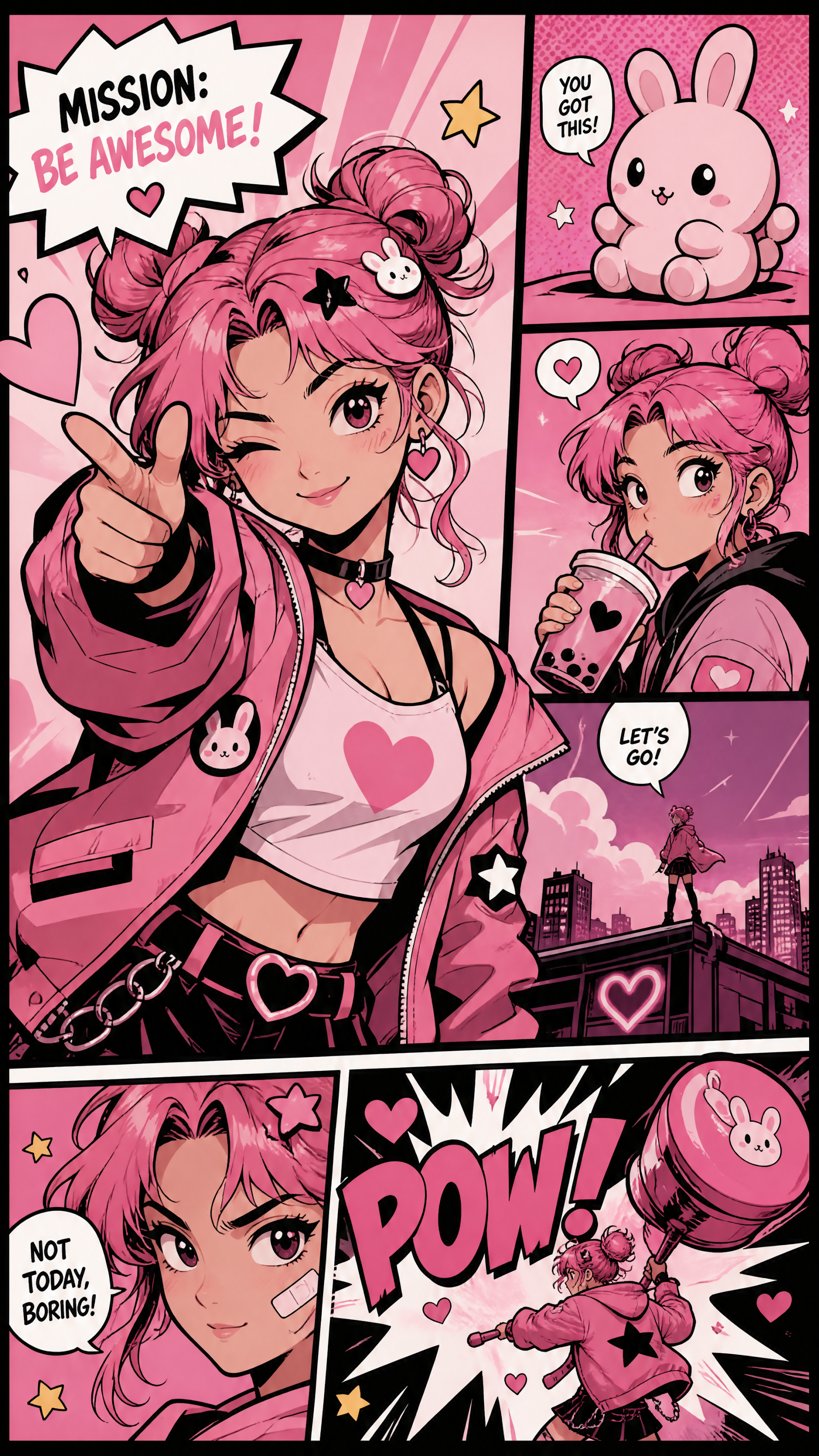 Cute pink phone/iPhone wallpaper: comic-style panels of a winking pink-haired girl in space-buns, bunny motifs, hearts and speech bubbles saying MISSION: BE AWESOME! and You got this!