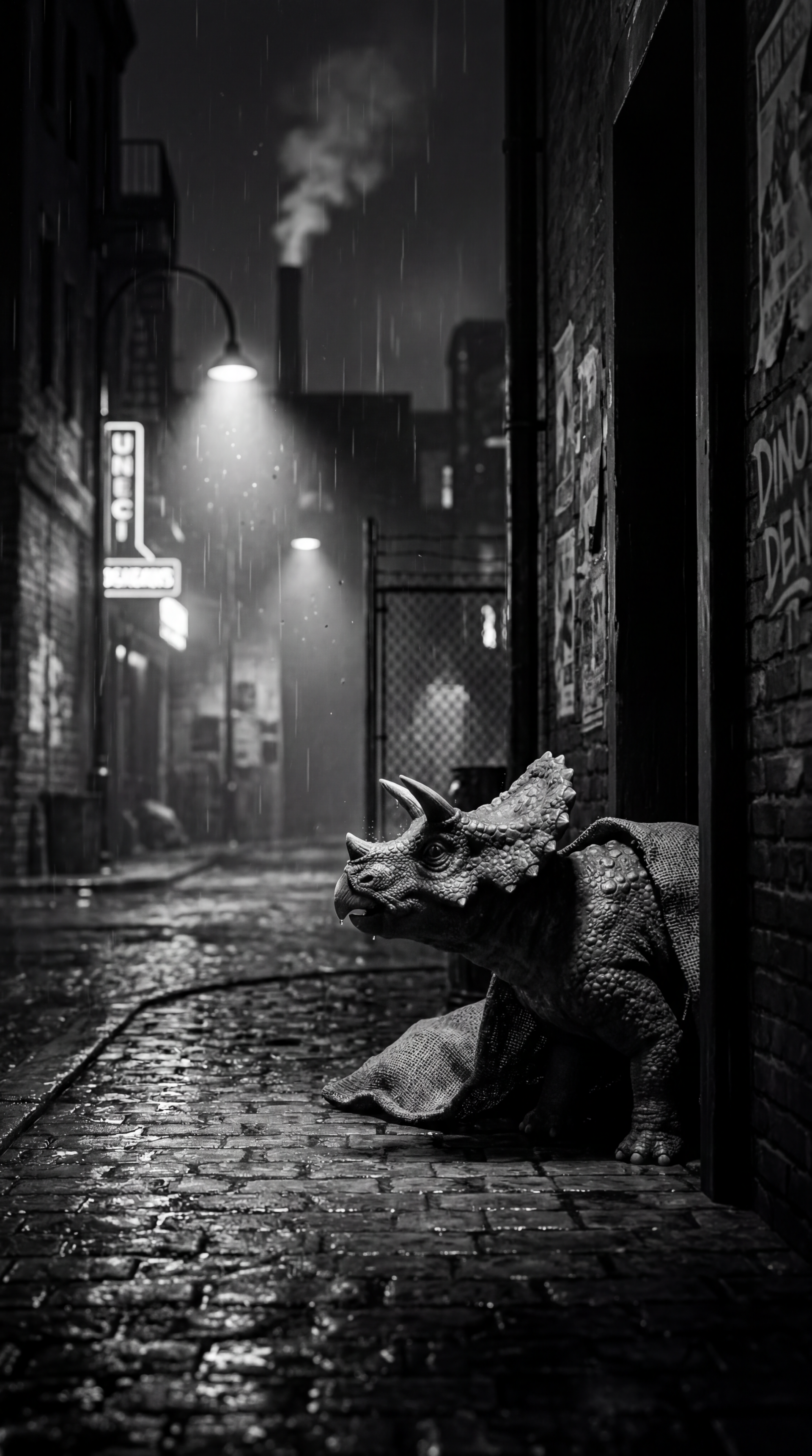 Monochrome iPhone wallpaper of a baby triceratops peeking from a rainy urban alley, lit by street lamps and reflected on wet cobblestones.