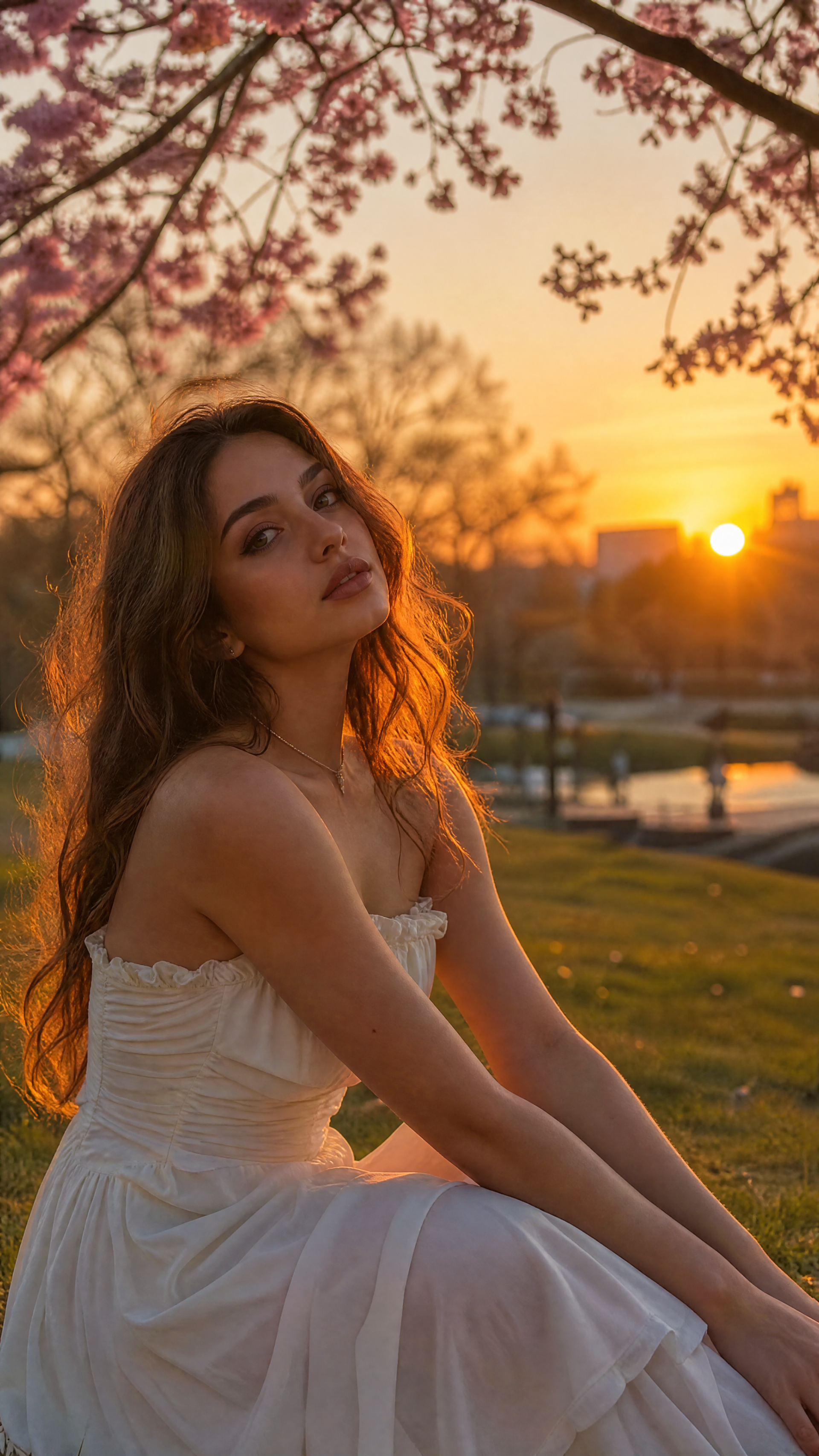 iPhone wallpaper of a young woman in a white dress sitting beneath blooming branches at sunset, bathed in warm golden light with a calm, contemplative expression
