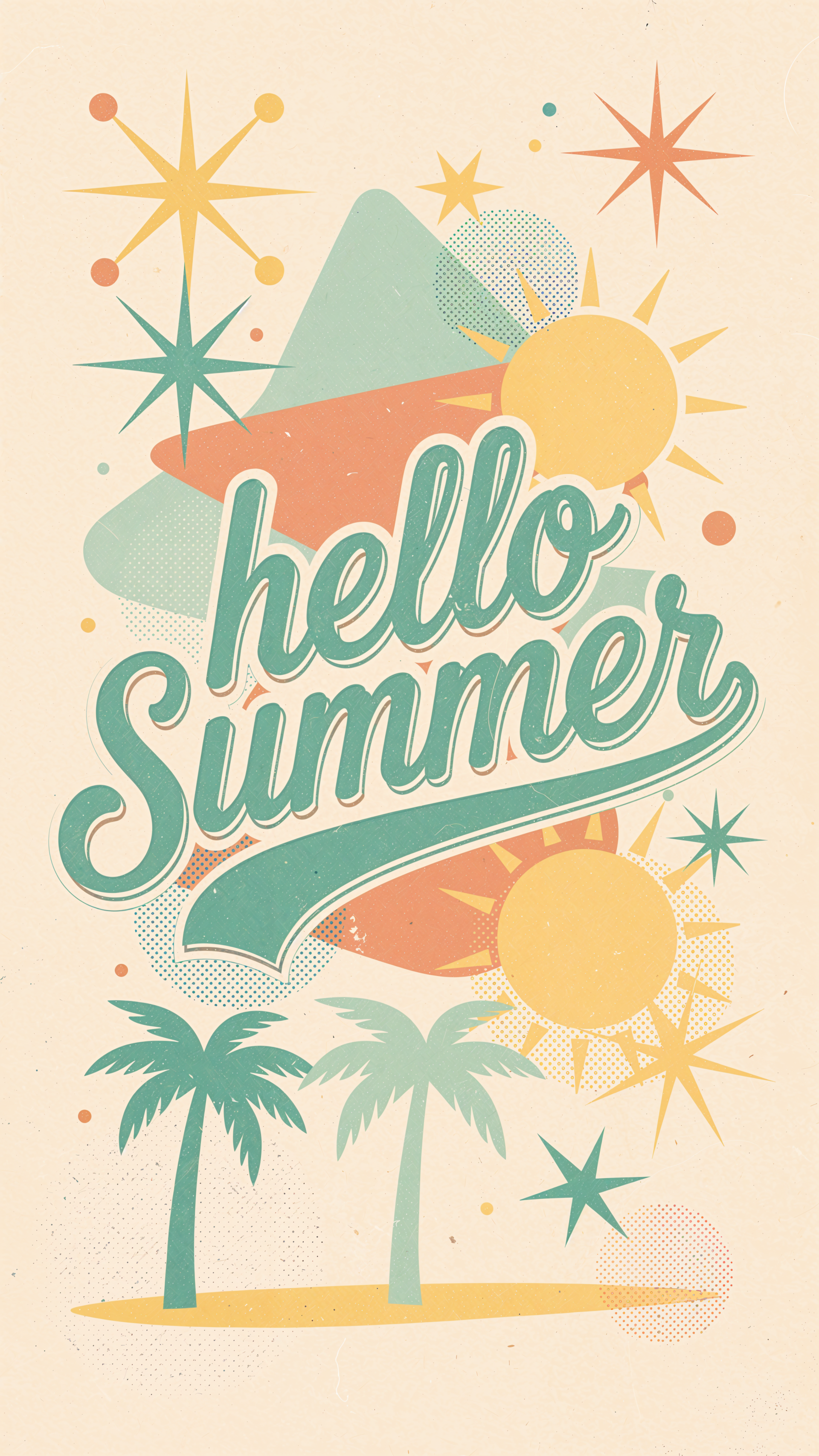 Retro pastel iPhone wallpaper reading 'hello summer' in bold script with suns, starbursts, geometric shapes and two palm trees.