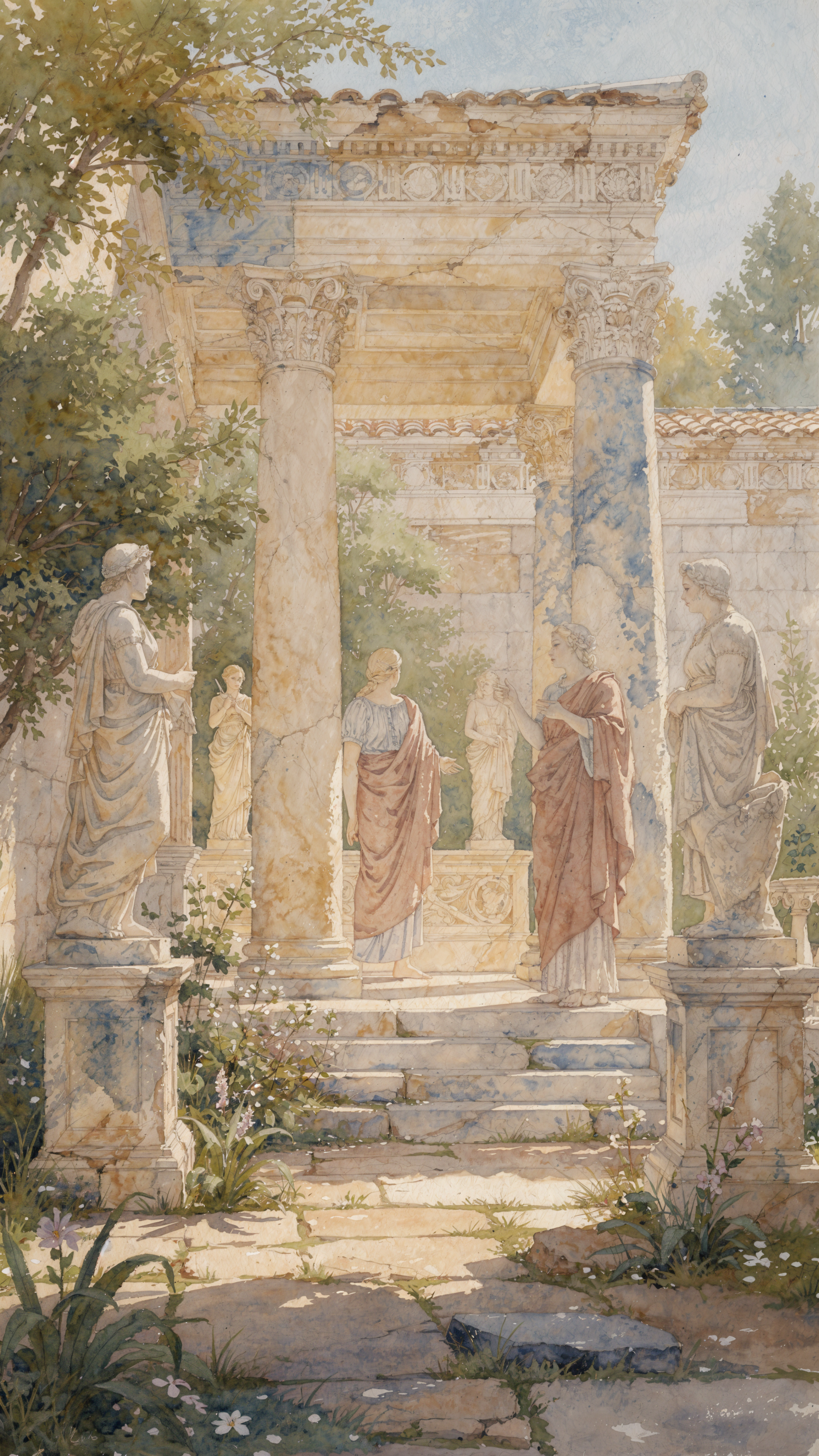 Classical iPhone wallpaper: sunlit marble temple ruin with Corinthian columns, sculpted figures and ivy-softened steps leading into a tranquil courtyard.