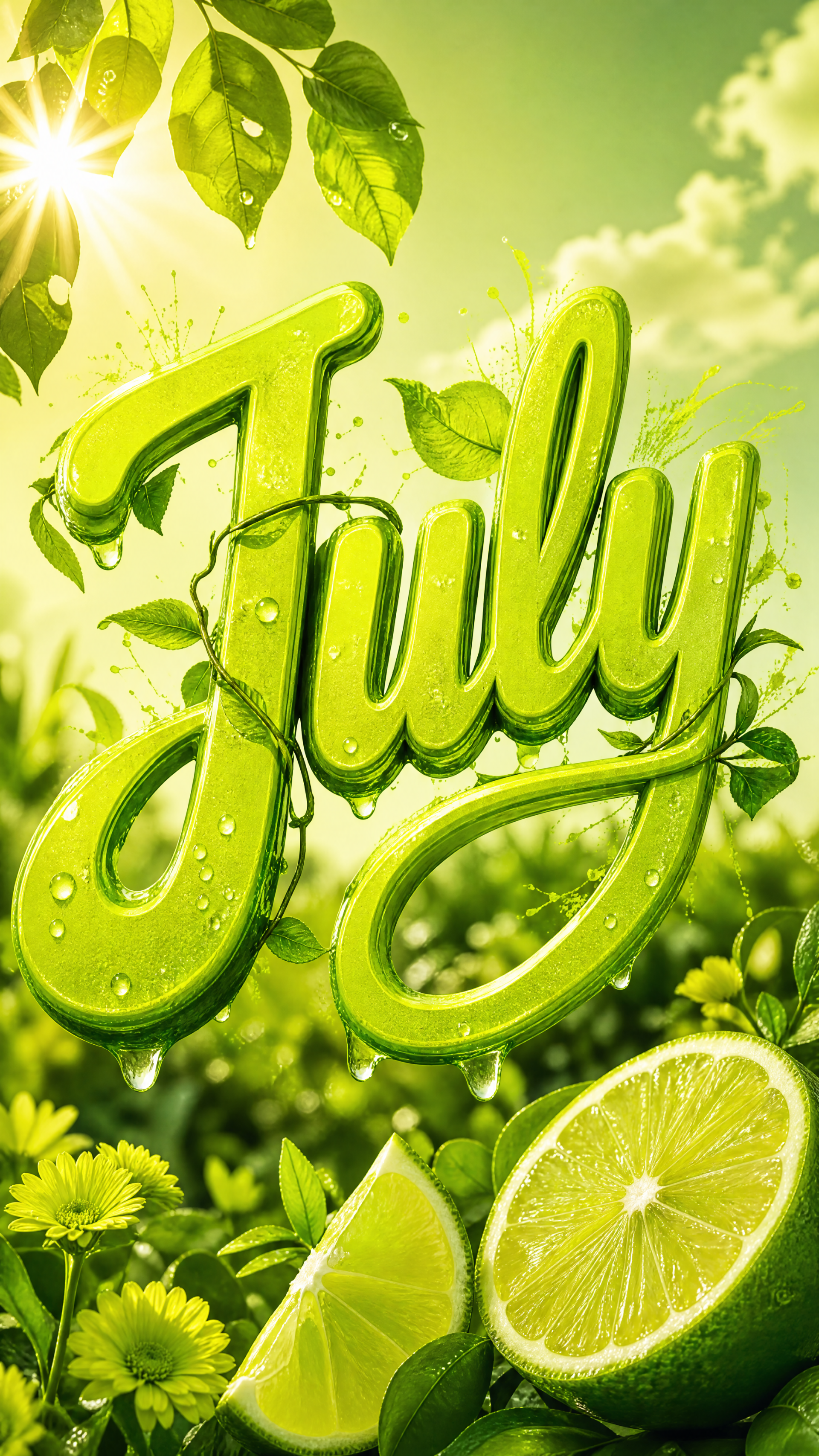 iPhone wallpaper: glossy lime-green July script over sunlit leaves, dewy flowers and sliced limes, evoking bright summer freshness.