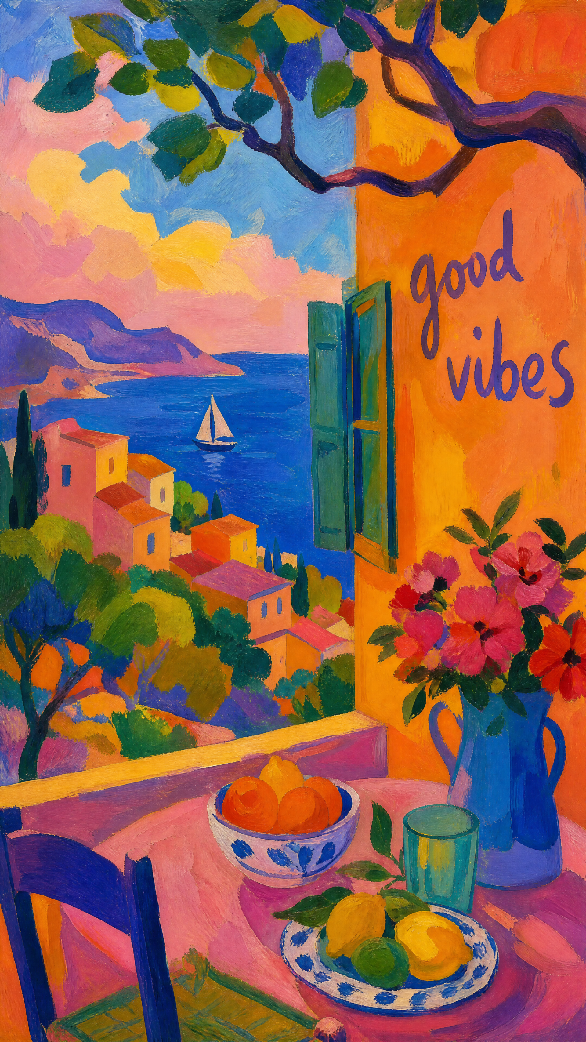 Vibrant iPhone wallpaper: sunlit Mediterranean balcony with open green window, sailboat, colorful coastal houses, table with fruit and flowers, and hand-lettered good vibes.