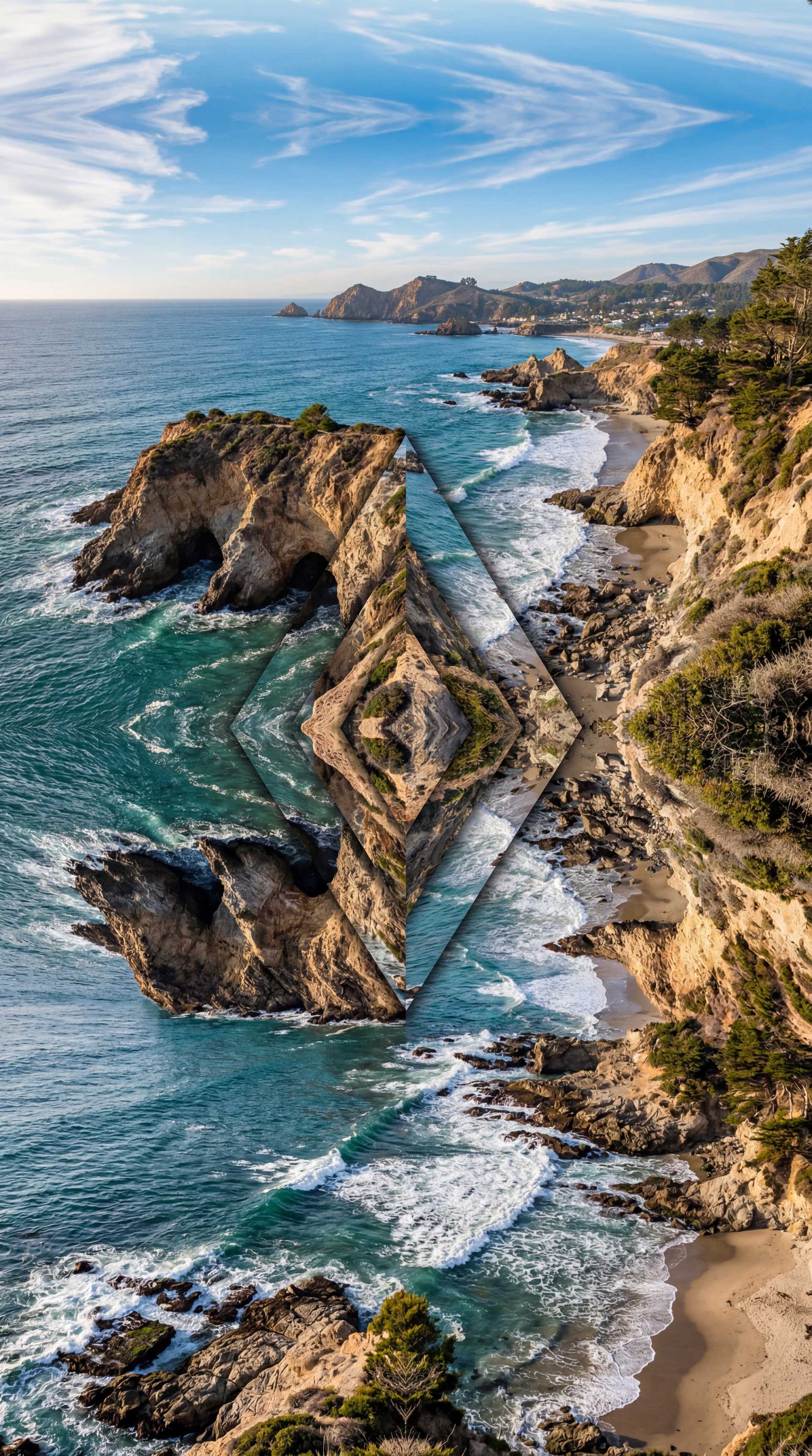 Coastal aesthetic iPhone wallpaper showing vertical aerial view of rocky cliffs, turquoise surf and a mirrored geometric reflection beneath wispy clouds.