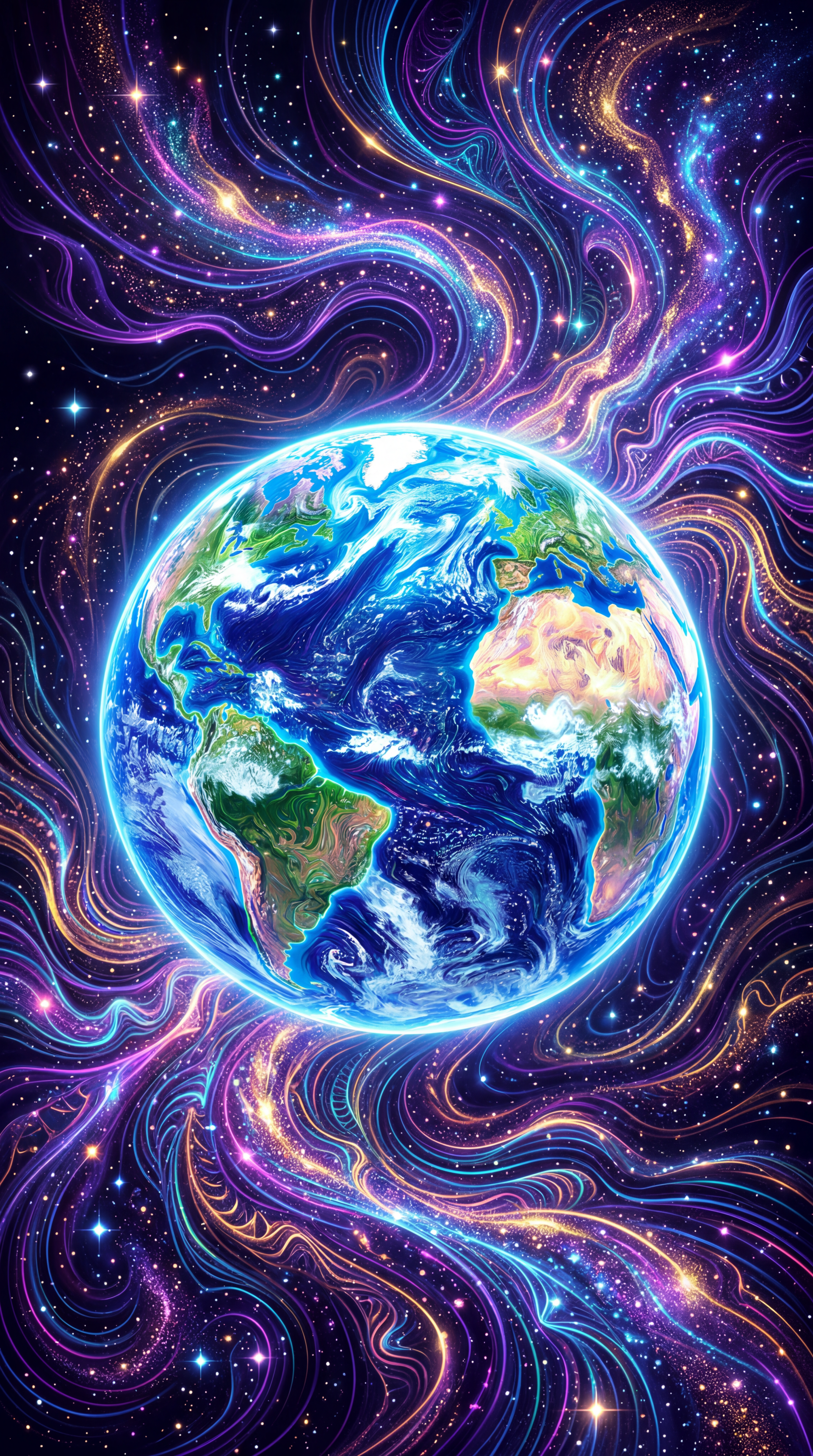 iPhone wallpaper showing Earth from space: a glowing, detailed planet centered amid swirling purple, blue and gold cosmic streams and sparkling stars.