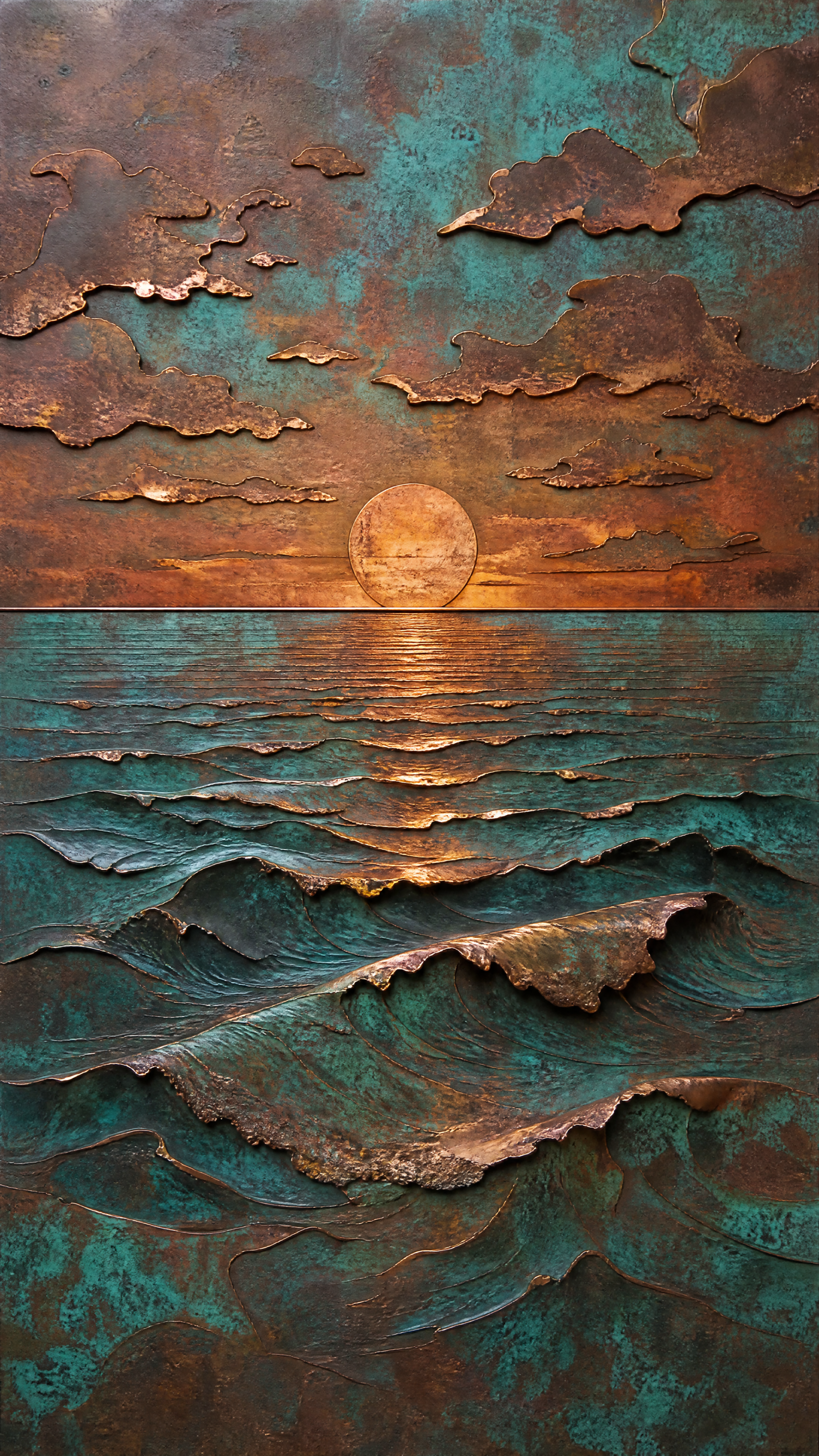 Metallic-textured ocean sunset with a copper sun, teal layered waves and clouds in relief — vertical iPhone wallpaper.