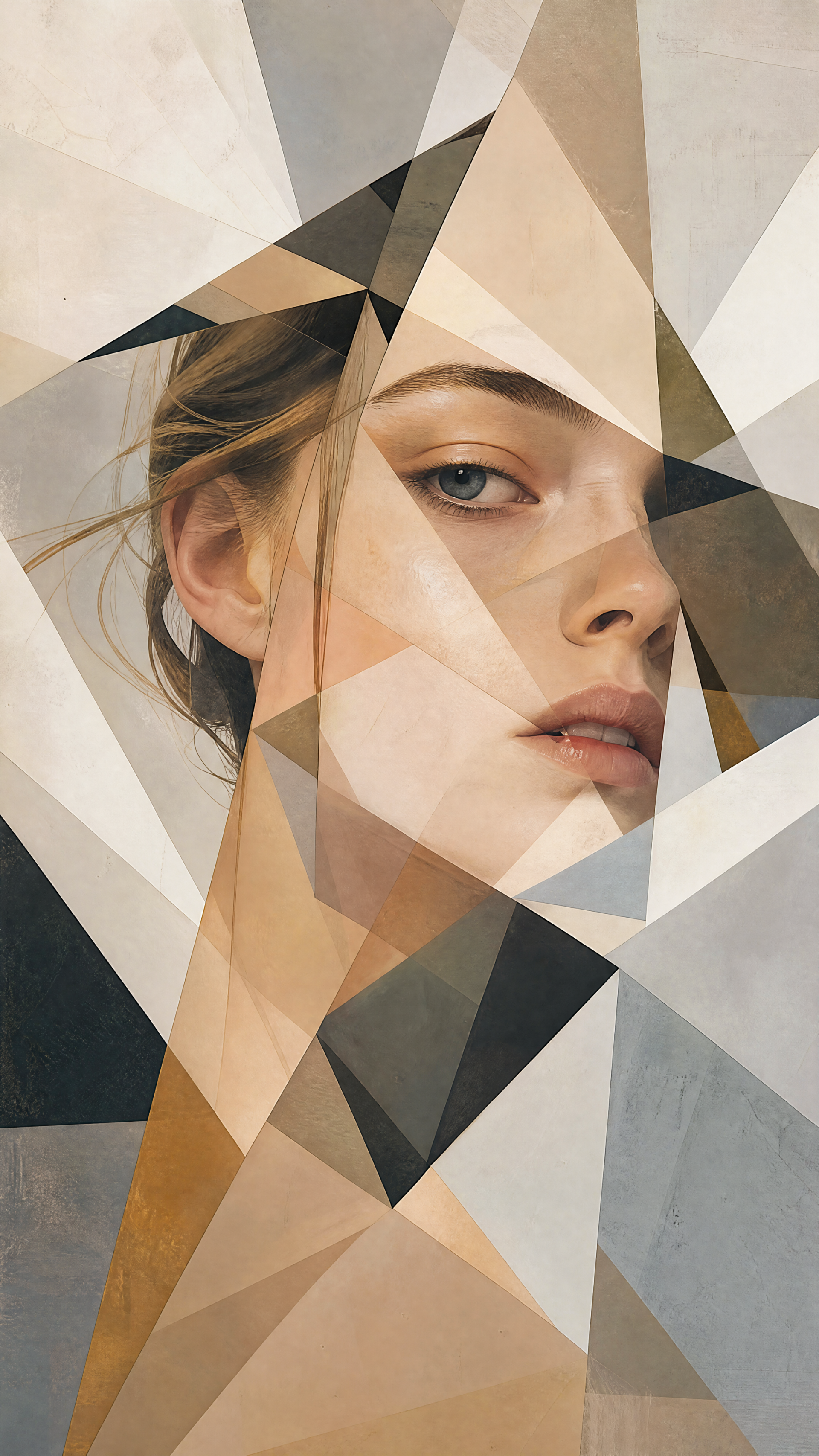 iPhone wallpaper showing a fragmented geometric portrait of a woman's face in muted beige, gray, and brown tones, her soft gaze framed by overlapping angular shapes.