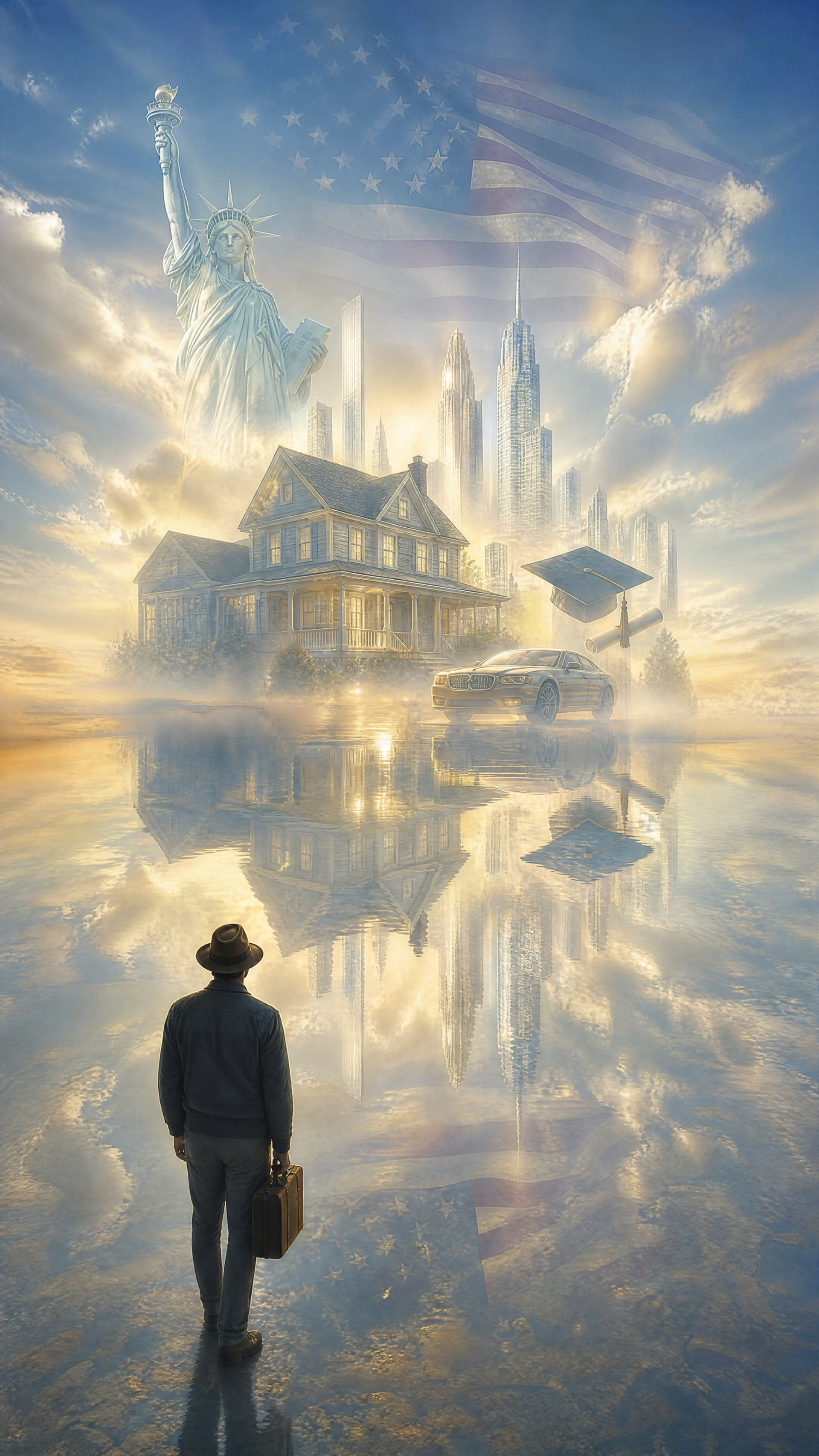 Phone/iPhone wallpaper The American Dream: lone man with briefcase walks toward a mirrored, dreamlike scene of a house, car, graduation cap, Statue of Liberty and city skyline.