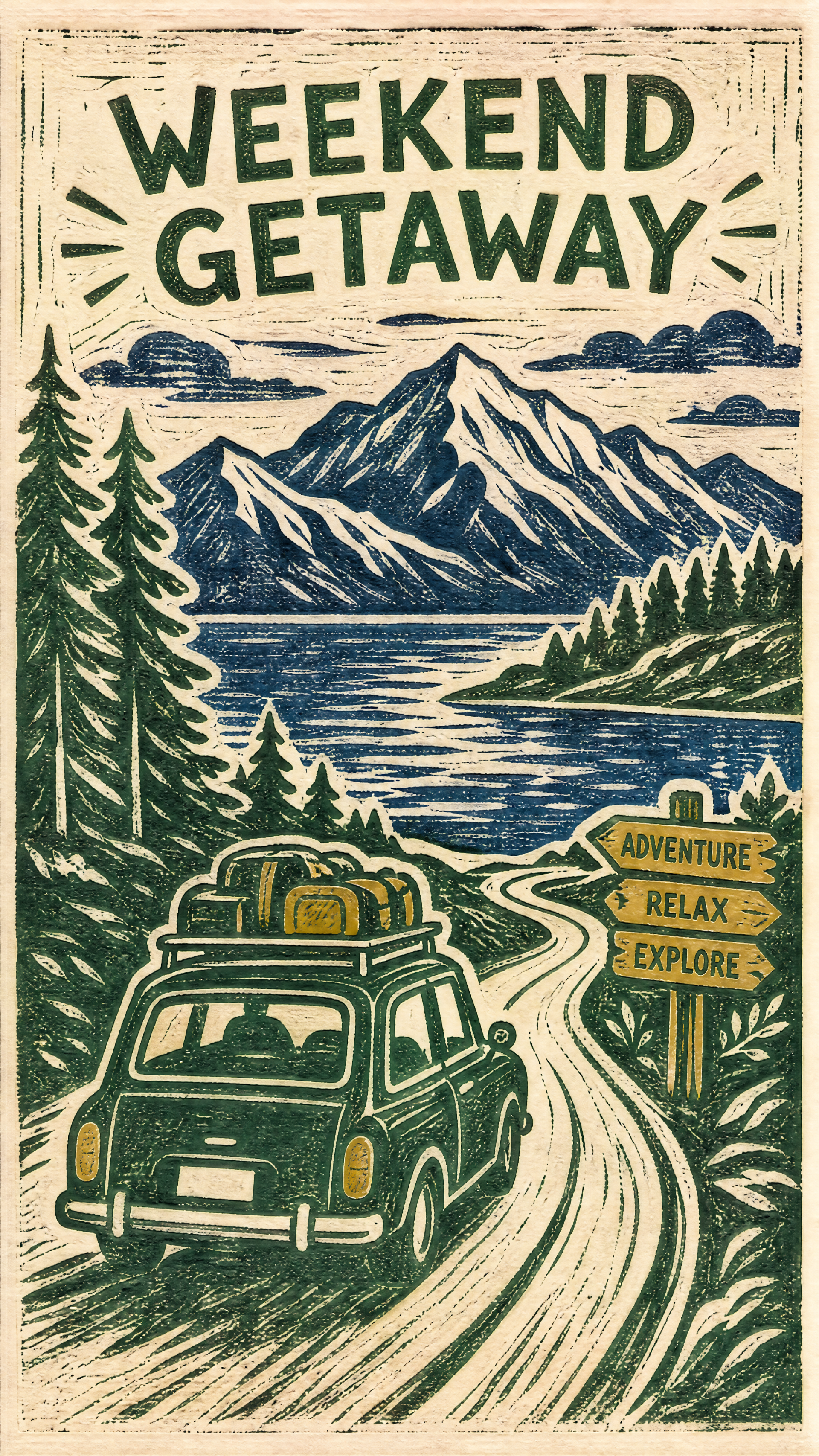 Phone wallpaper: poster-style WEEKEND GETAWAY showing a car with luggage on a winding road toward a mountain lake, flanked by pine trees and a sign reading Adventure · Relax · Explore.