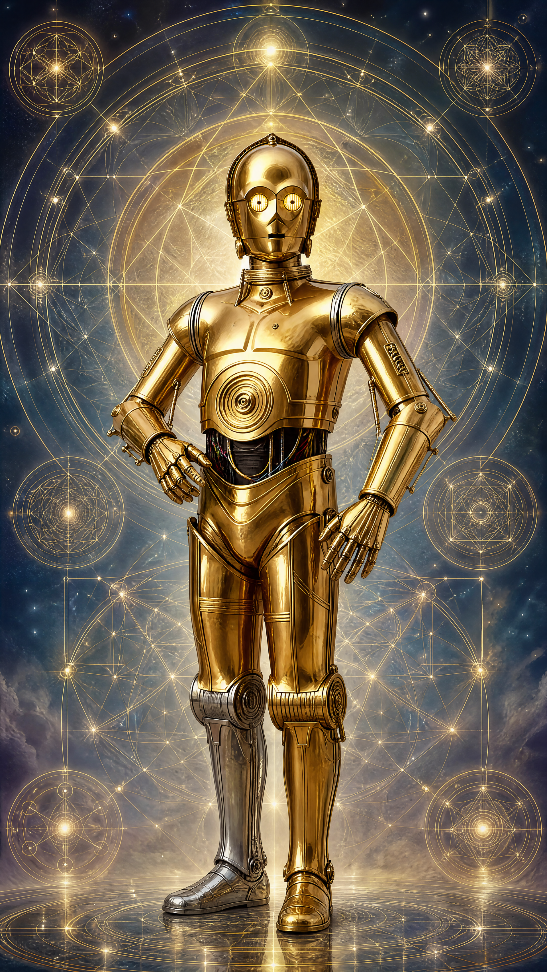 iPhone wallpaper showing golden protocol droid C-3PO standing before a radiant geometric starfield halo.