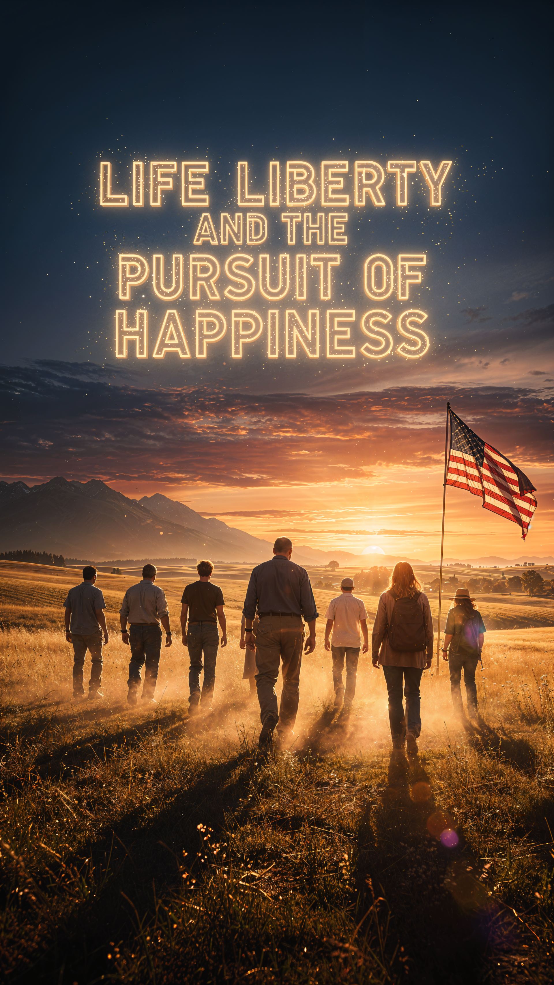 Vertical phone wallpaper of silhouettes walking into a golden sunrise across fields, an American flag to the right, and glowing neon text reading Life Liberty and the Pursuit of Happiness.
