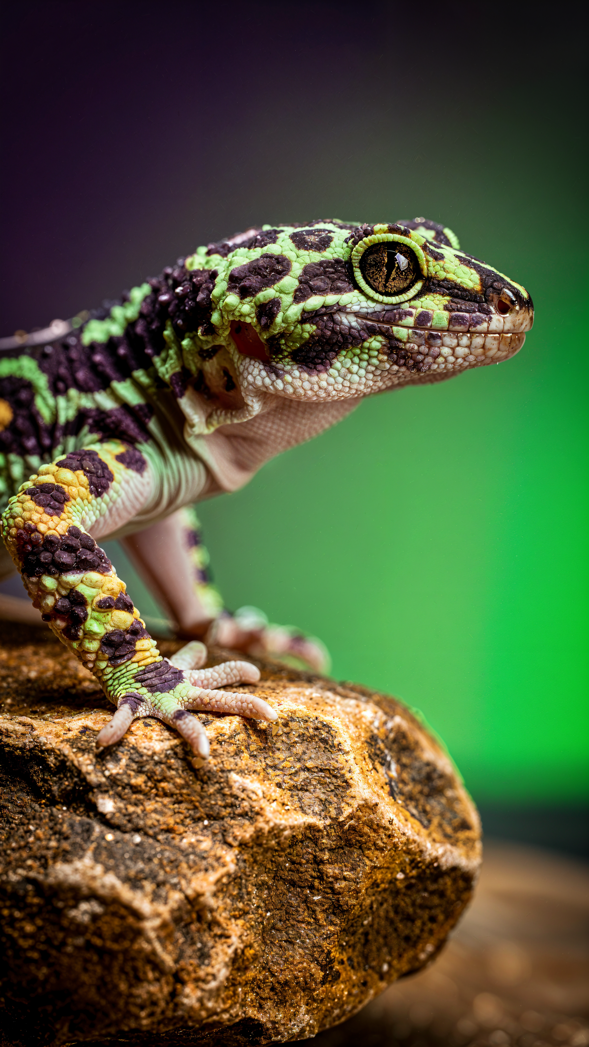 Close-up of a green-and-black leopard gecko perched on a rock against a soft green blurred background, vertical iPhone wallpaper.