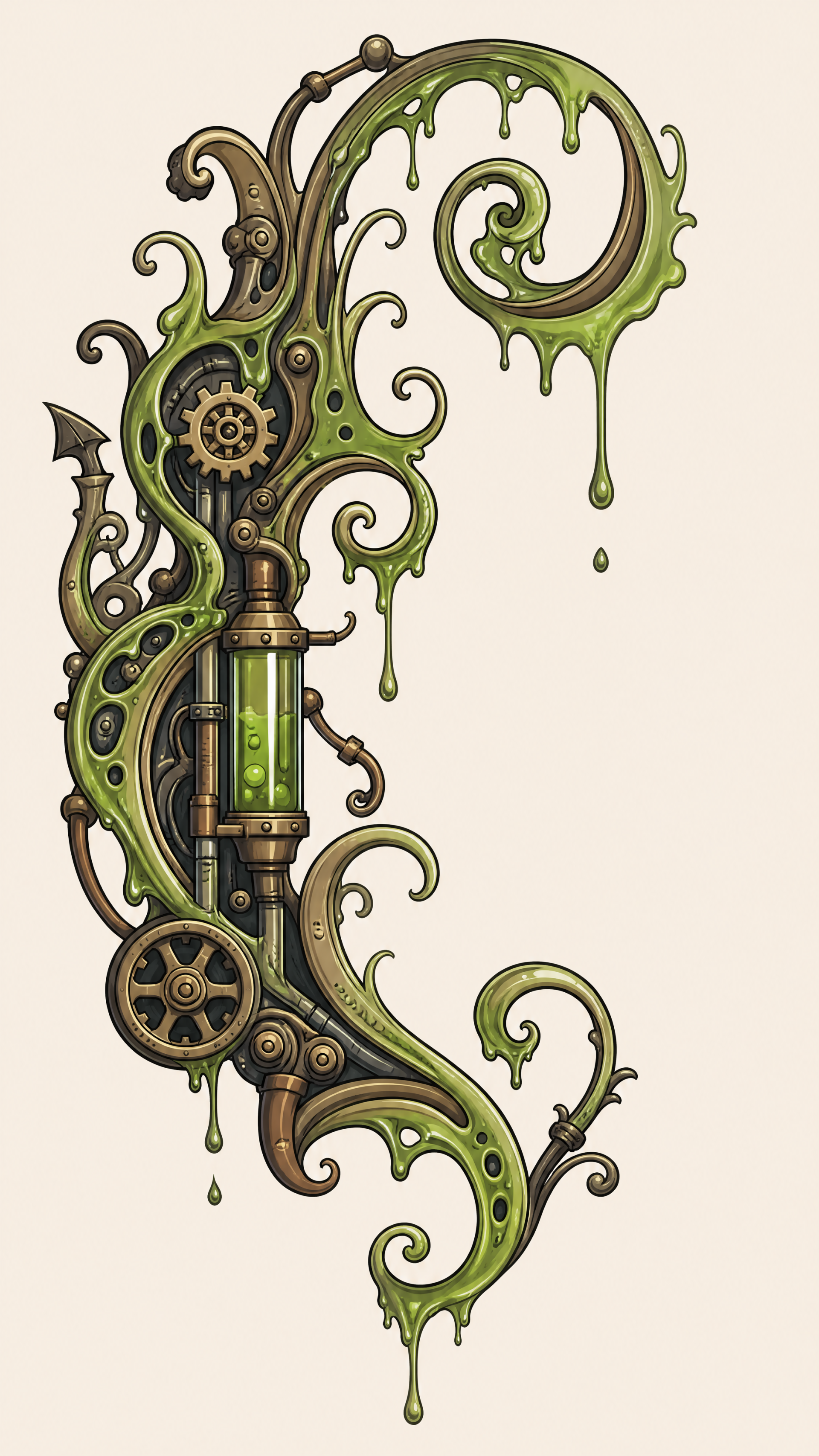 Vertical vector flourish phone wallpaper: steampunk brass gears, pipes and vial of glowing green liquid entwined with dripping organic scrollwork.