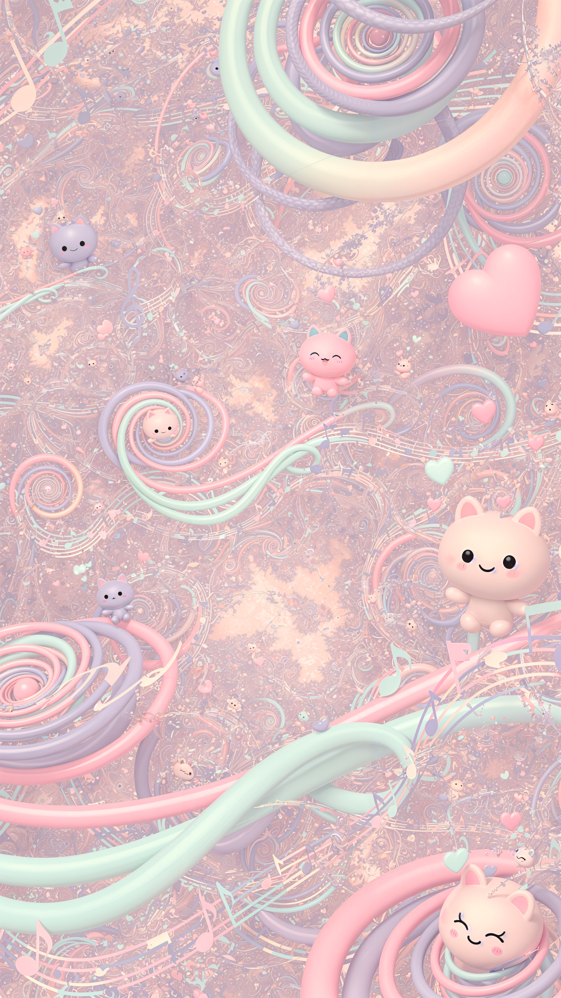 Cutecore phone/iPhone wallpaper with pastel pink, mint and lavender swirls, smiling kawaii cat characters, tiny hearts and candy-like spirals drifting across a dreamy background.