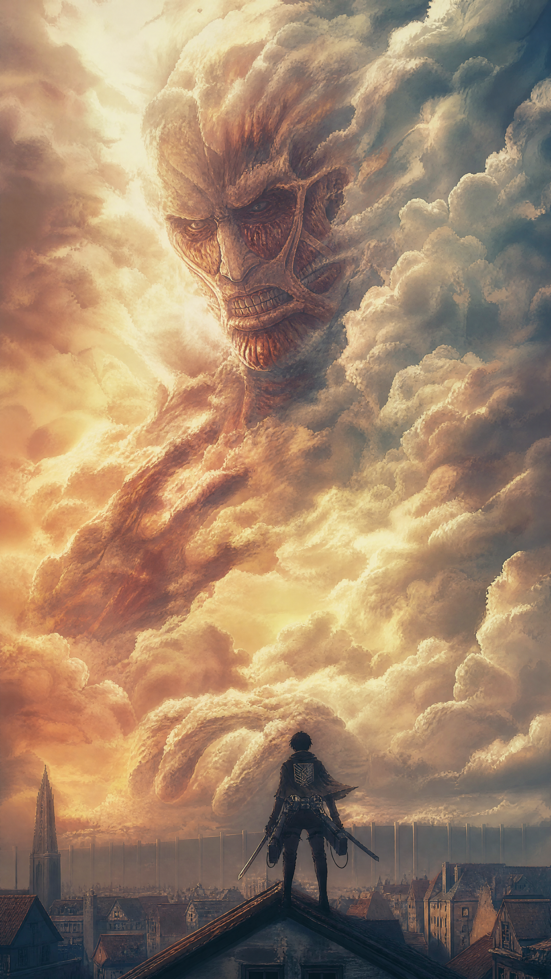 iPhone wallpaper: Attack on Titan — silhouetted Scout in ODM gear on a rooftop facing a colossal Titan formed from glowing storm clouds looming over the city.
