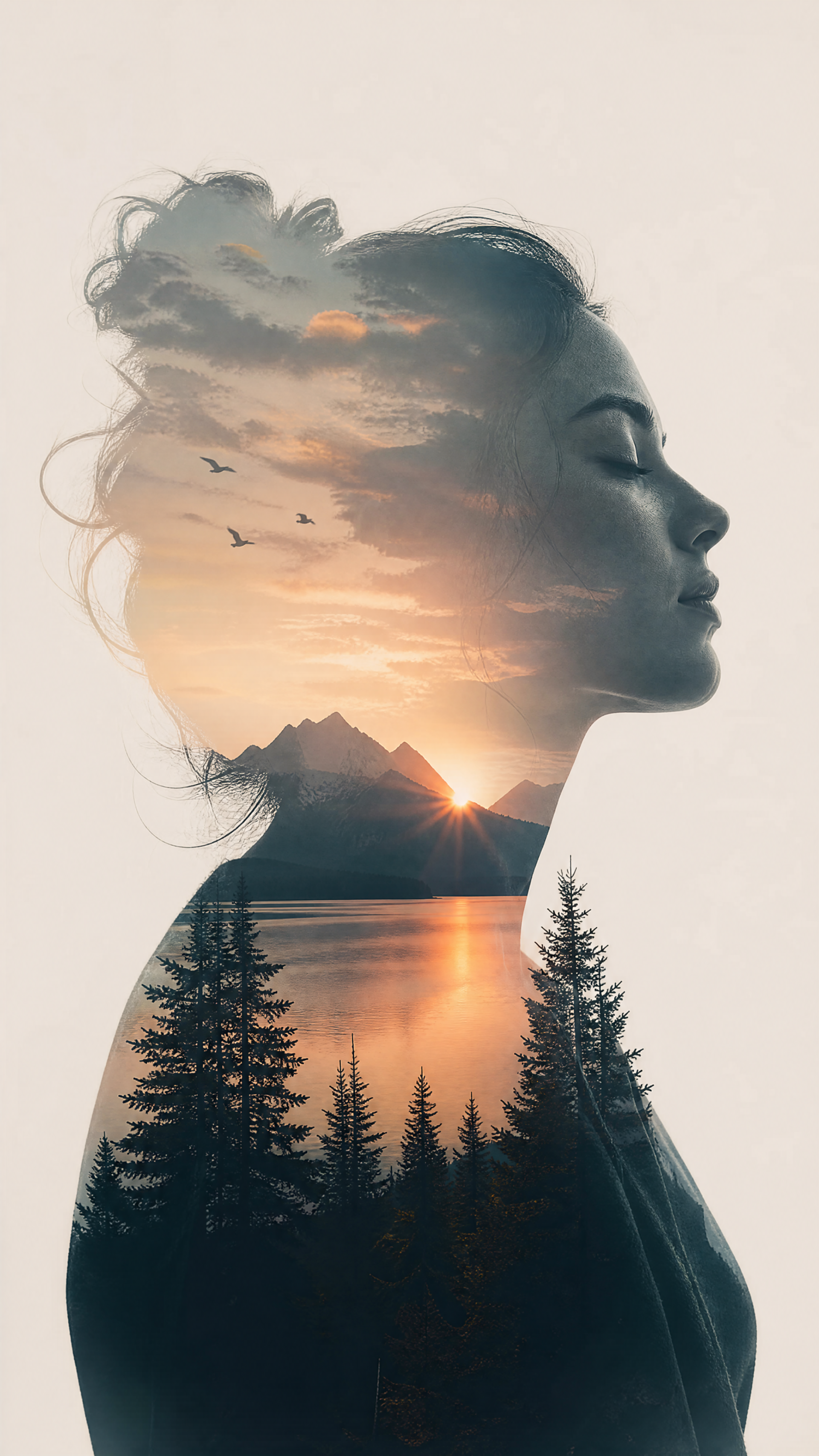 Chill iPhone wallpaper: double-exposure profile of a woman's face merging with a tranquil sunset lake, pine trees, mountains and birds.