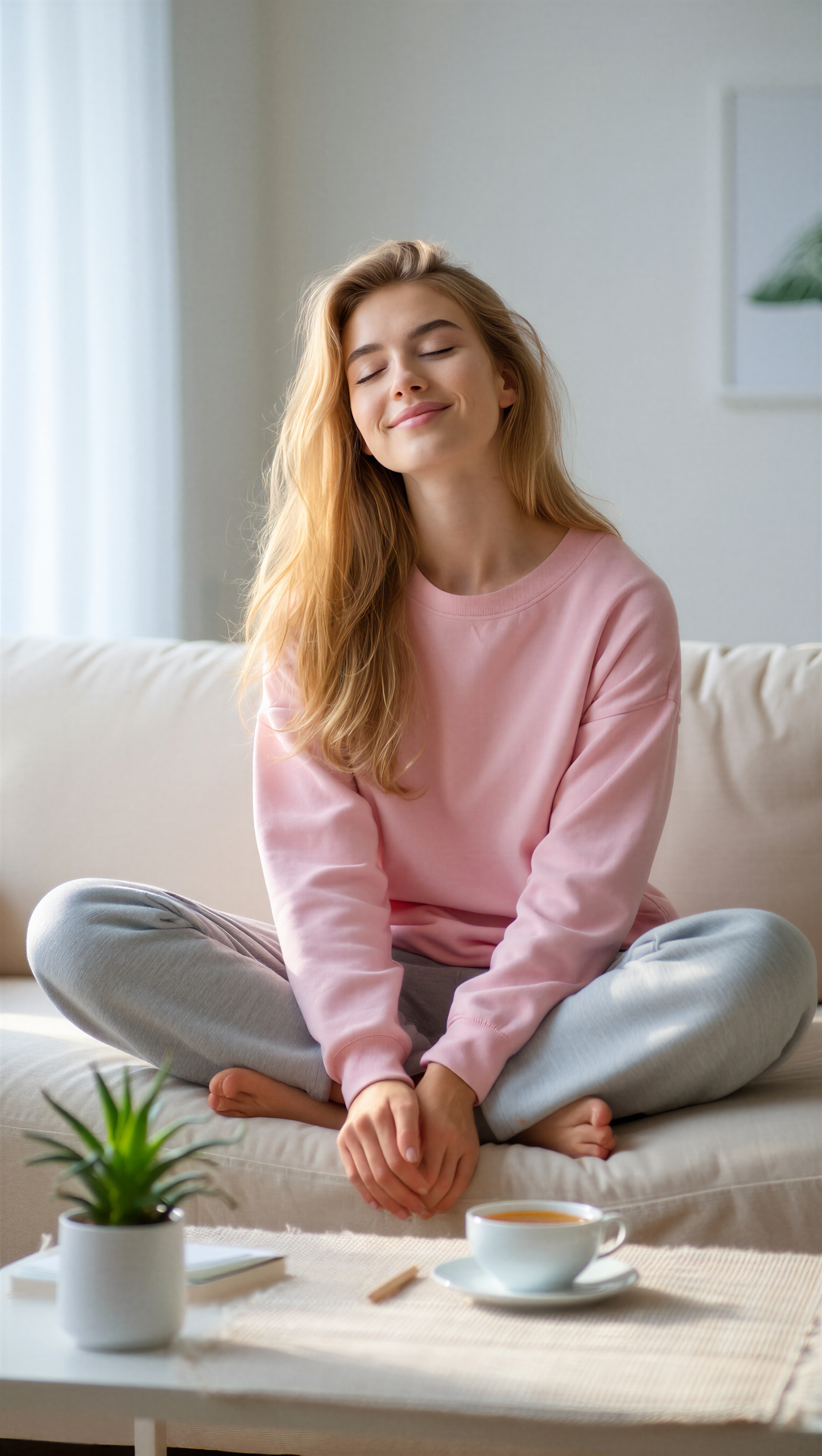 Chill iPhone wallpaper — person in a pink sweater sits cross‑legged on a couch, eyes closed with a gentle smile; coffee cup and small plant on the table.