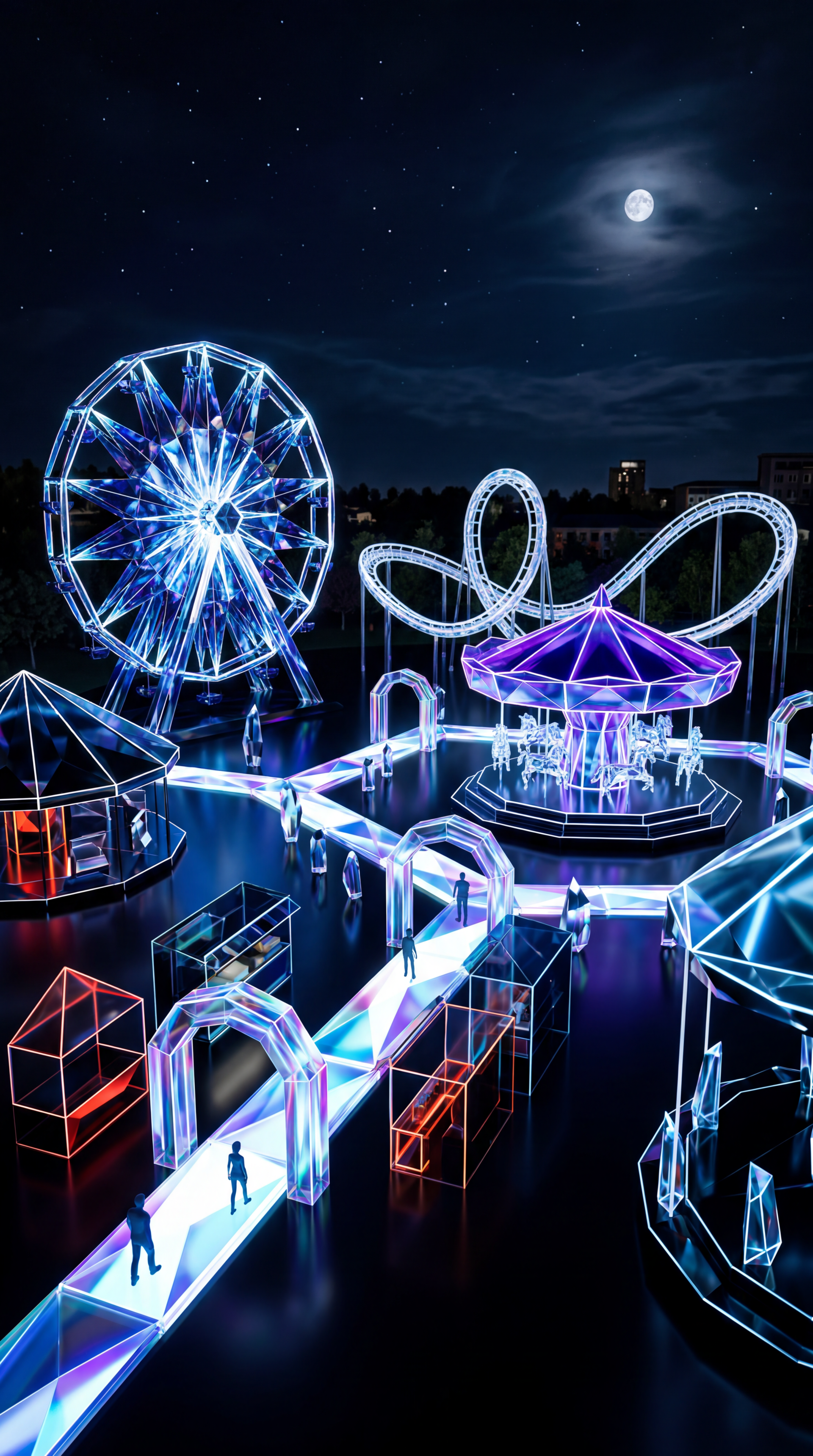 Neon-lit night fair with Ferris wheel, carousel, roller coaster and glowing walkways over reflective water — vertical phone/iPhone wallpaper.