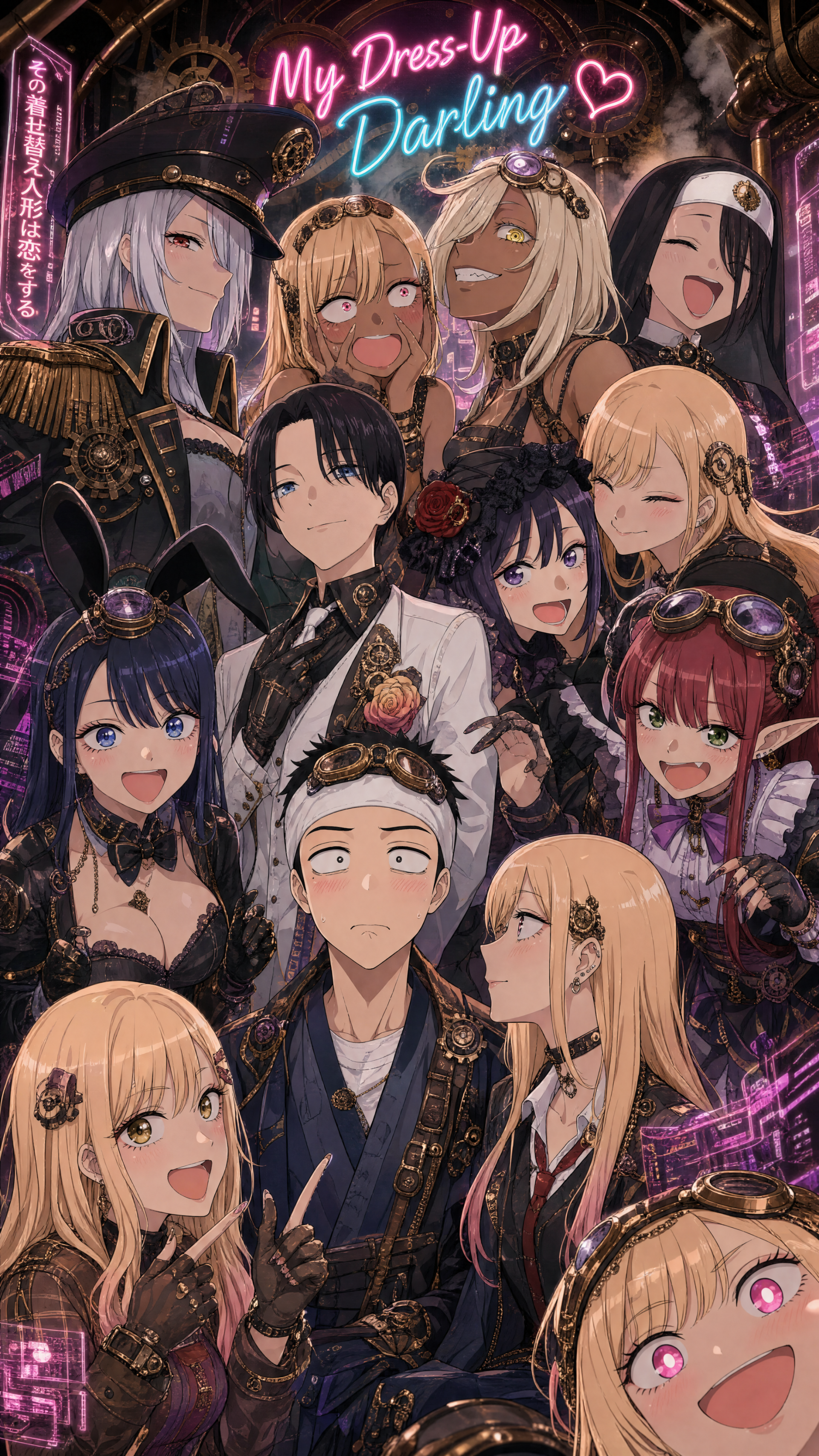 iPhone wallpaper of My Dress-Up Darling: a colorful group portrait of the cast in steampunk-inspired outfits beneath a neon logo, lively expressions and detailed city backdrop.