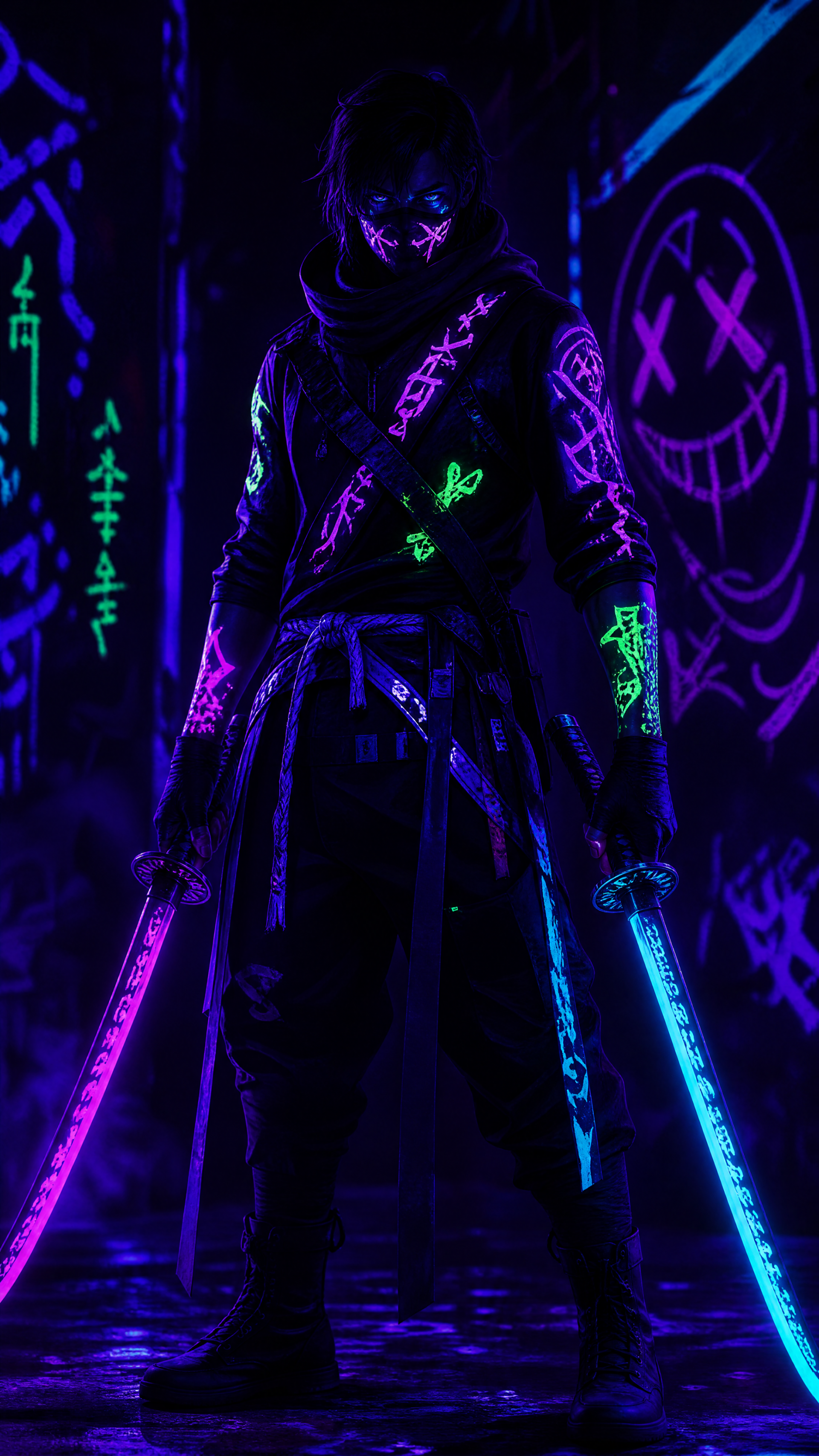iPhone wallpaper: neon cyberpunk figure wielding dual swords—magenta and cyan—standing in a dark graffiti alley, glowing runes and a masked, shadowed face.