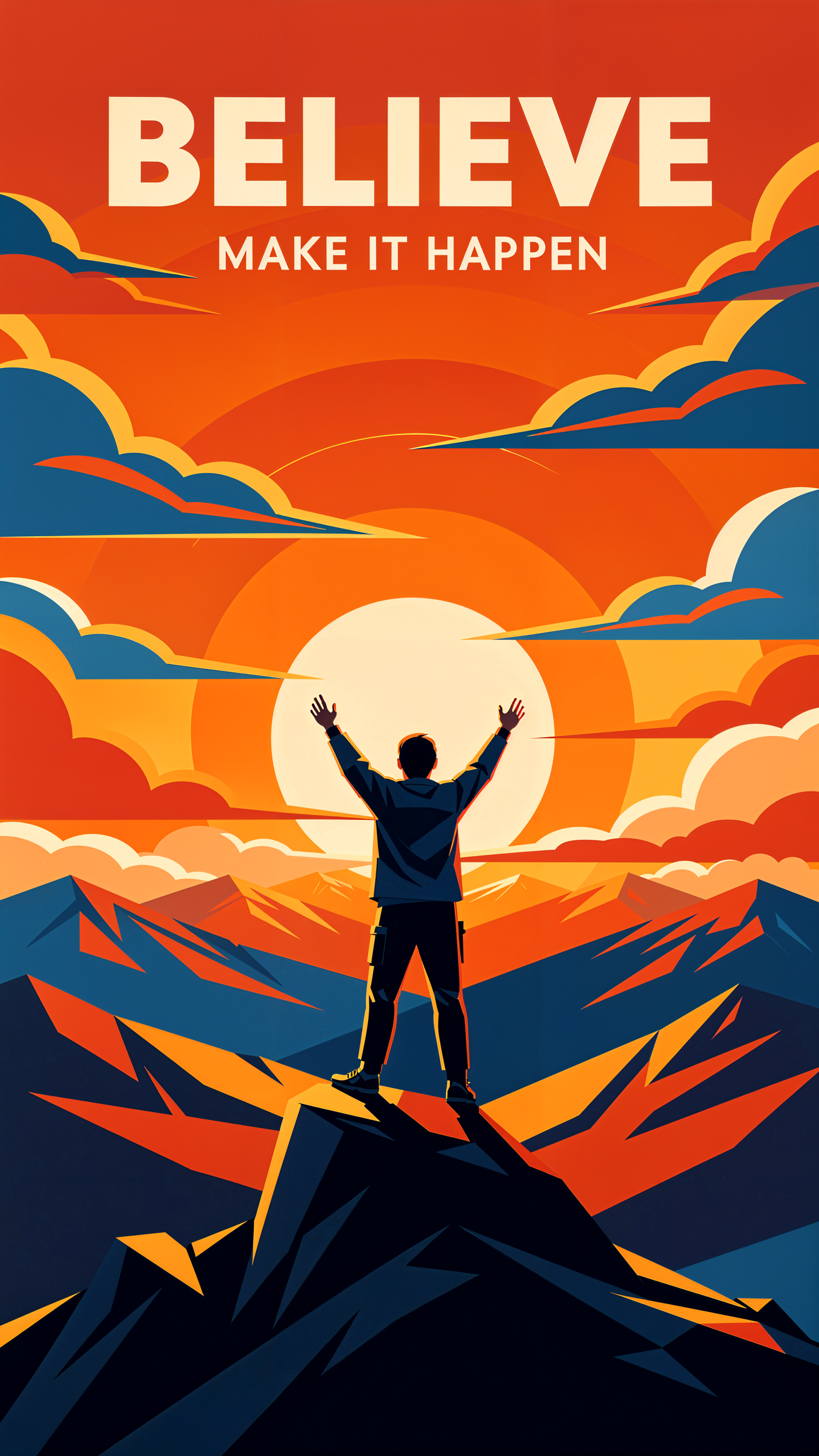 Motivational iPhone wallpaper: silhouette on a mountain peak raising arms to a sunrise beneath bold text BELIEVE MAKE IT HAPPEN, vivid orange and blue sky.