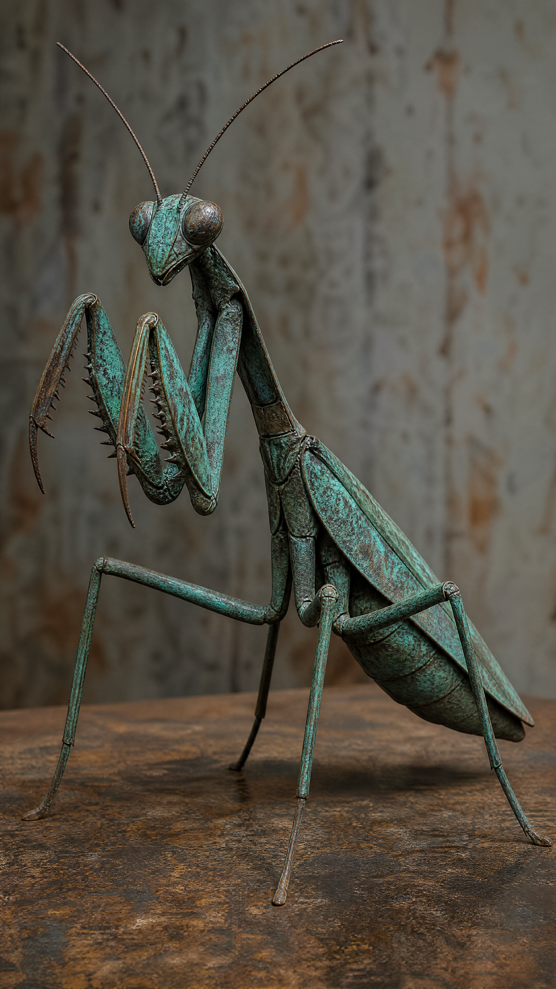 iPhone wallpaper showing a detailed verdigris praying mantis sculpture posed on a rusted surface with a textured, muted background.