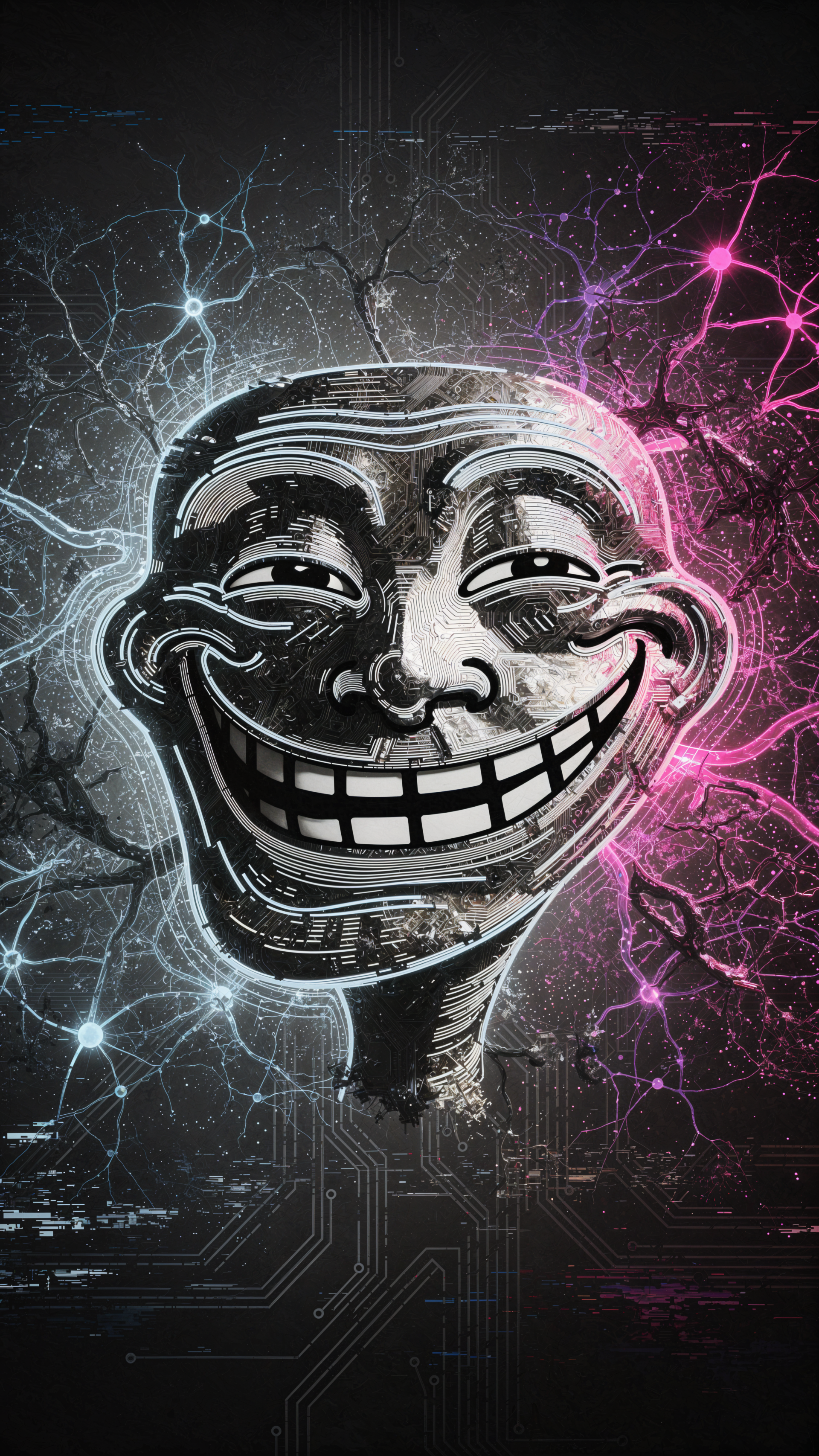 Vertical iPhone wallpaper of a metallic Troll Face meme, glowing with blue-white circuitry on the left and pink-purple neural/electric patterns on the right.