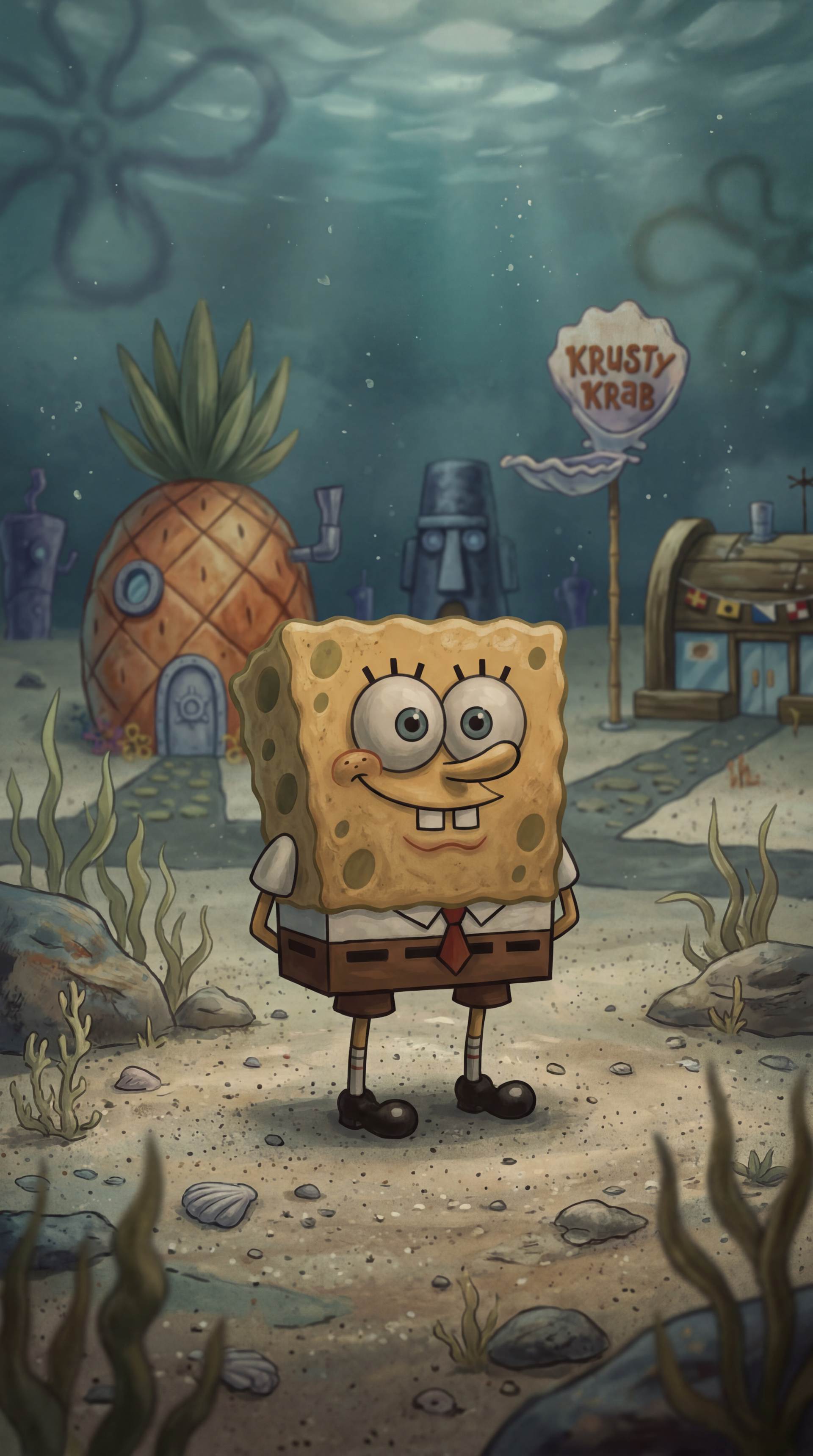 iPhone wallpaper: SpongeBob SquarePants smiling on the ocean floor with his pineapple house, Squidward's moai house and the Krusty Krab sign under soft, dappled underwater light.