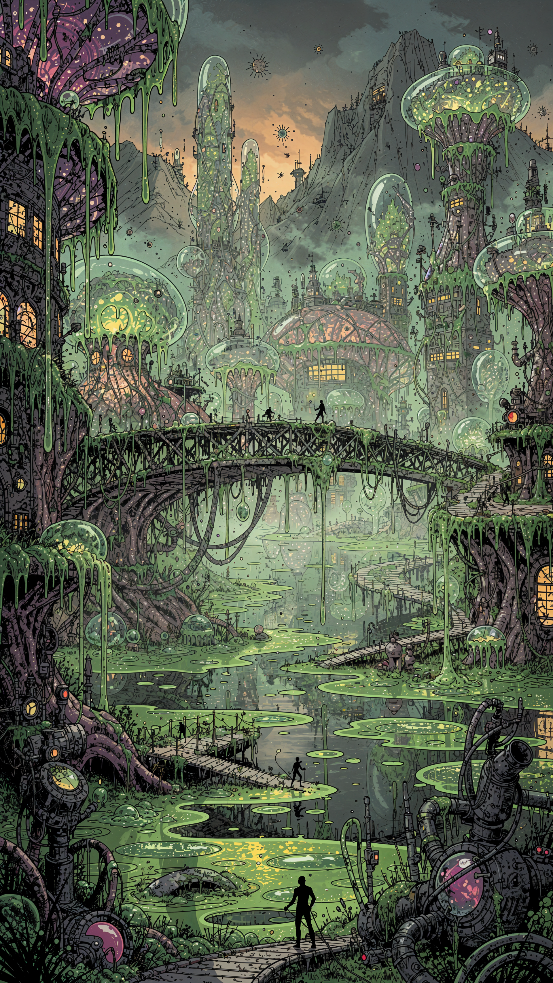 iPhone wallpaper: vertical, bioluminescent overgrown cityscape with glass domes, dripping green slime, arched bridges over glowing canals and small silhouetted figures.