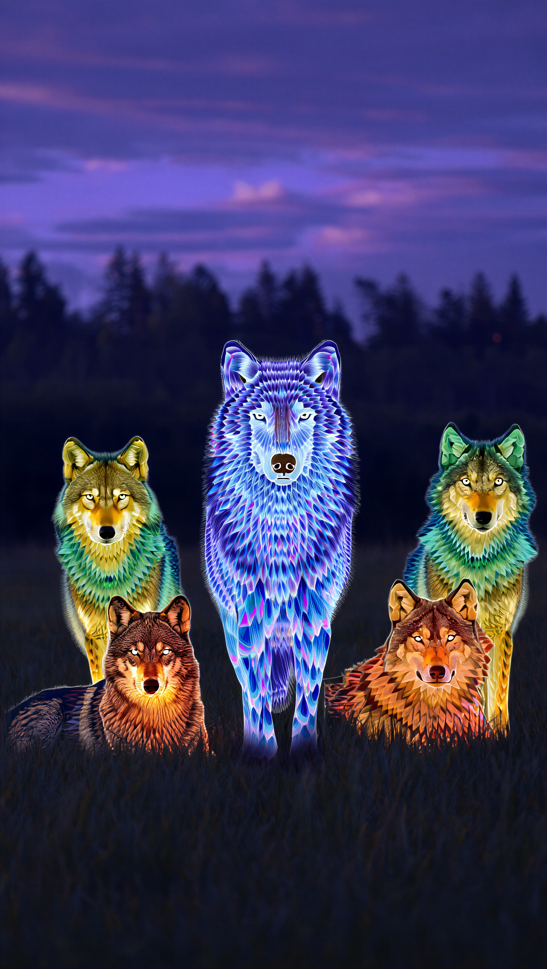 Wolf Pack iPhone wallpaper: five neon-colored stylized wolves in a dark meadow beneath a purple twilight sky, a luminous blue wolf standing center as the pack's leader.