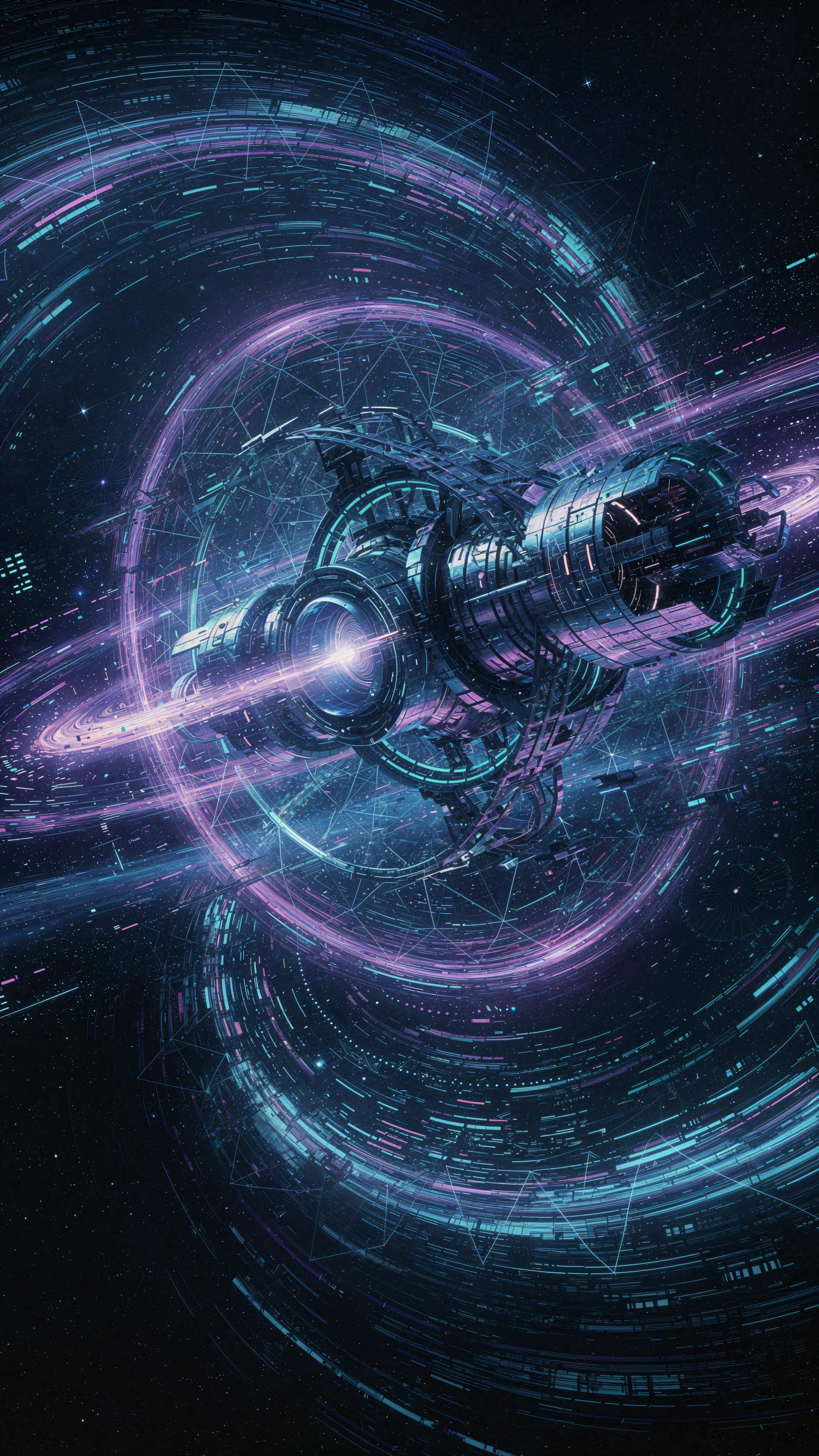 iPhone wallpaper showing a stylized Warp Drive: a glowing purple-blue engine firing a bright core beam, surrounded by swirling energy rings and digital light trails in deep space.