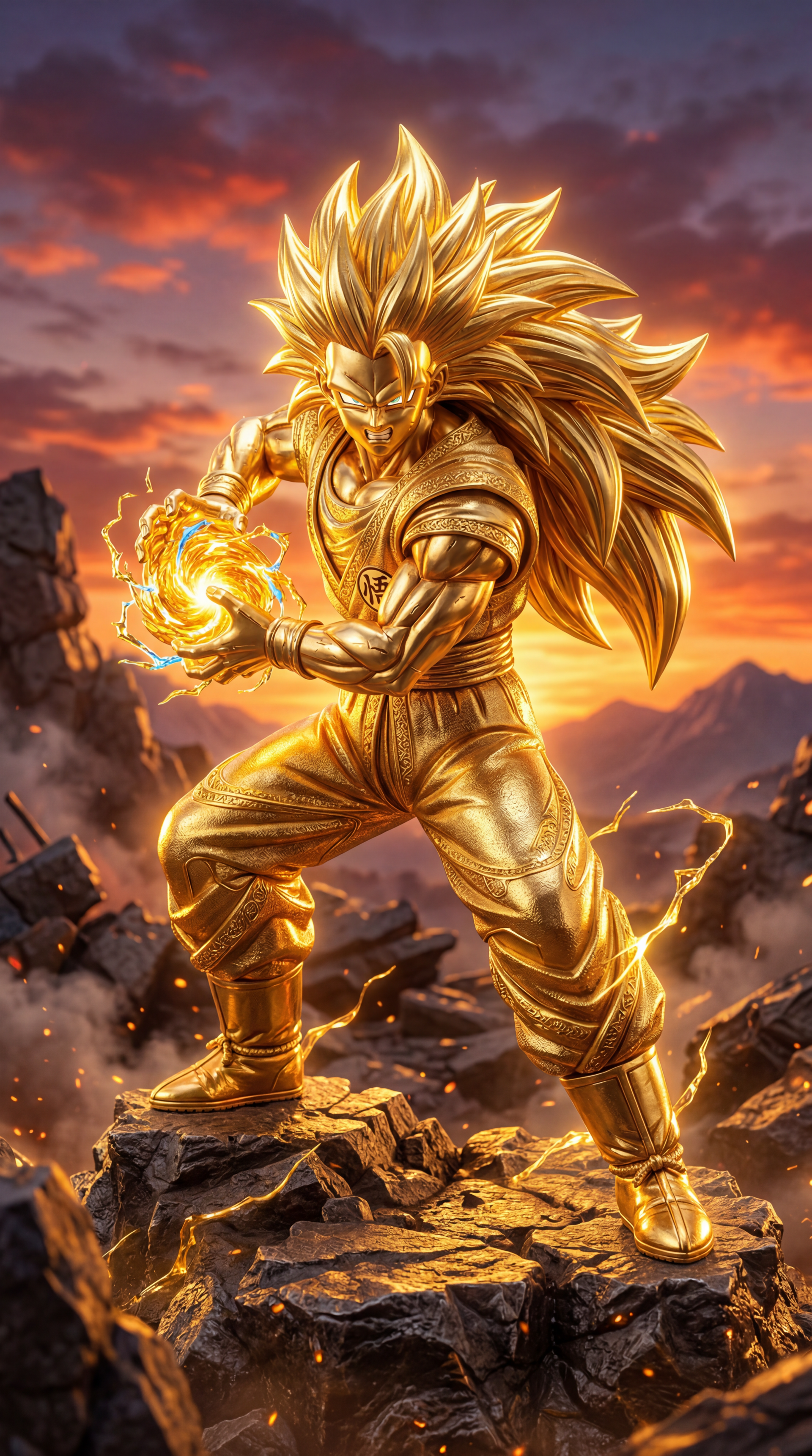 Gold-toned Super Saiyan Goku charging a glowing energy orb atop jagged rocks at sunset, dramatic iPhone wallpaper.