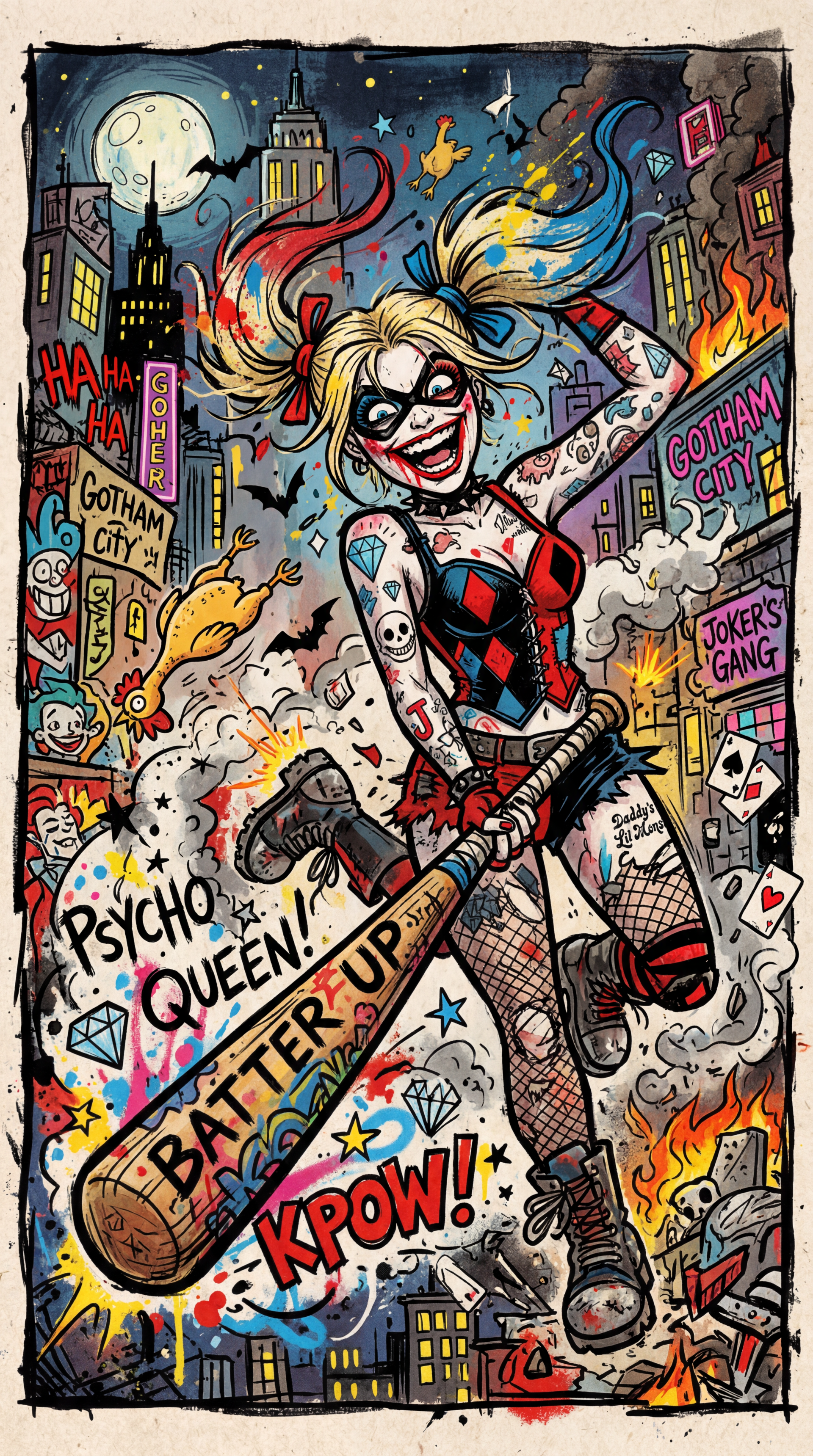 iPhone wallpaper: comic-style Harley Quinn with multicolored pigtails, grinning as she swings a graffiti-covered baseball bat through neon-lit, chaotic Gotham with flames, signs and comic sound effects.