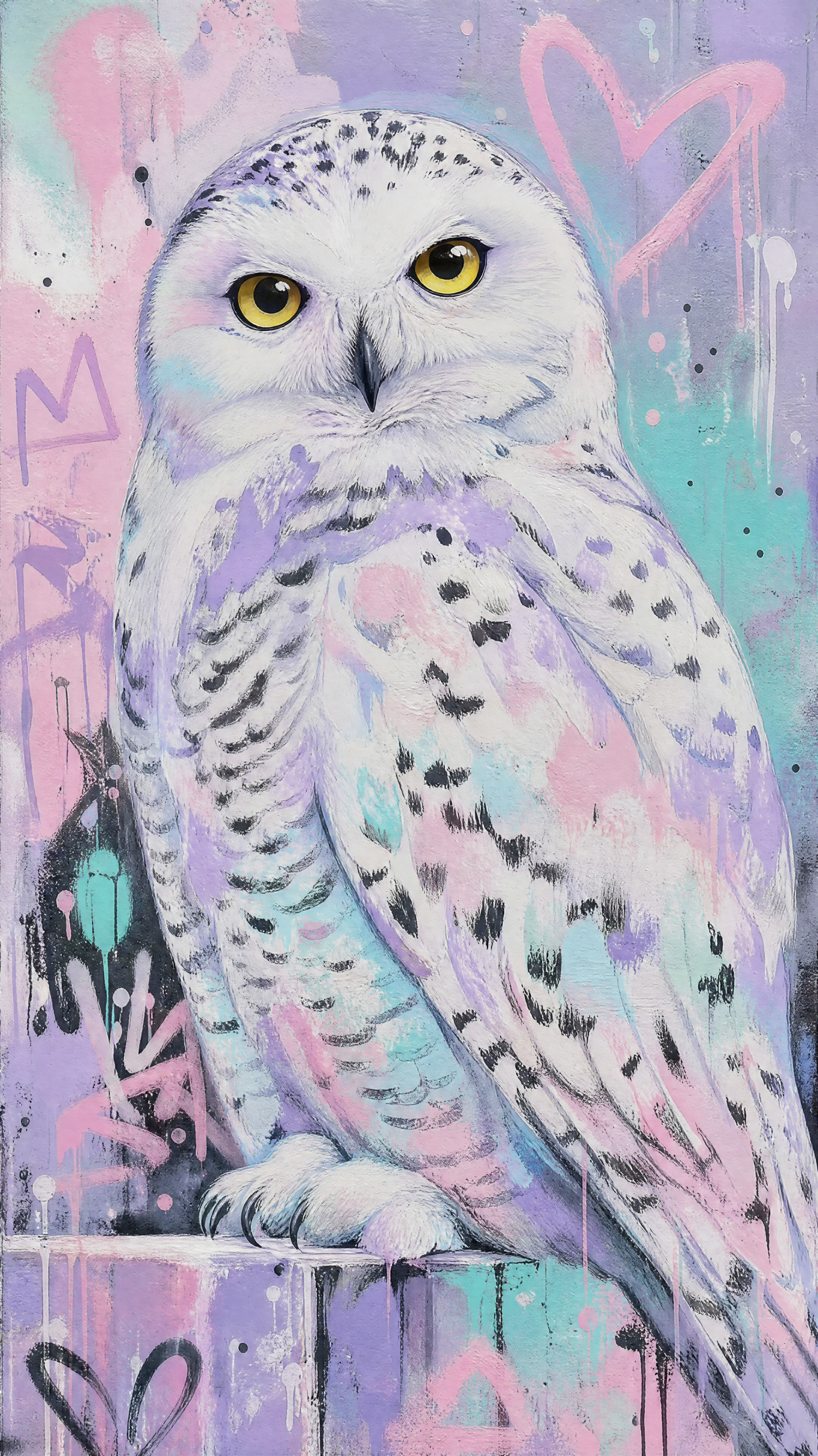 Pastel graffiti-style snowy owl with bright yellow eyes on a pink, lavender and teal backdrop accented by hearts — vertical phone wallpaper.