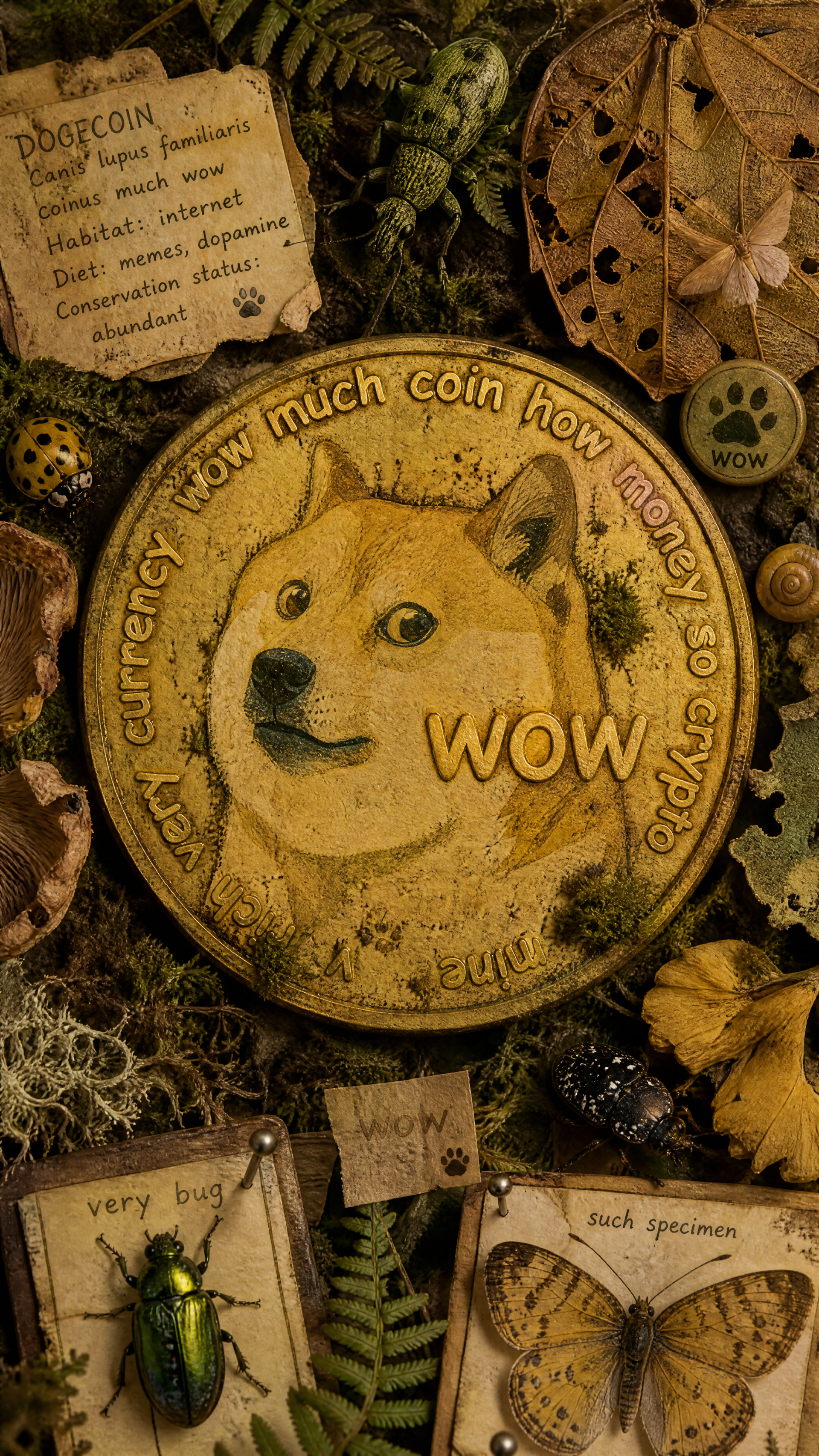 iPhone wallpaper of a vintage-style Dogecoin medallion with the Shiba Inu WOW surrounded by botanical specimens, insects, aged paper labels and earthy textures
