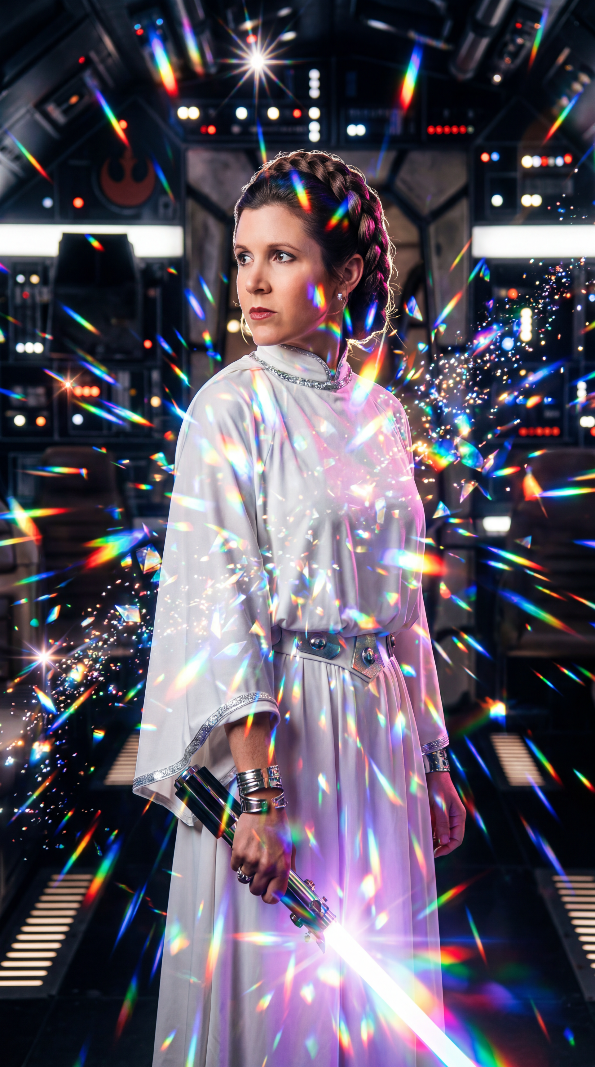 iPhone wallpaper of Princess Leia Organa in a white gown with braided hair, holding a lightsaber amid multicolored prism sparkles inside a starship corridor.