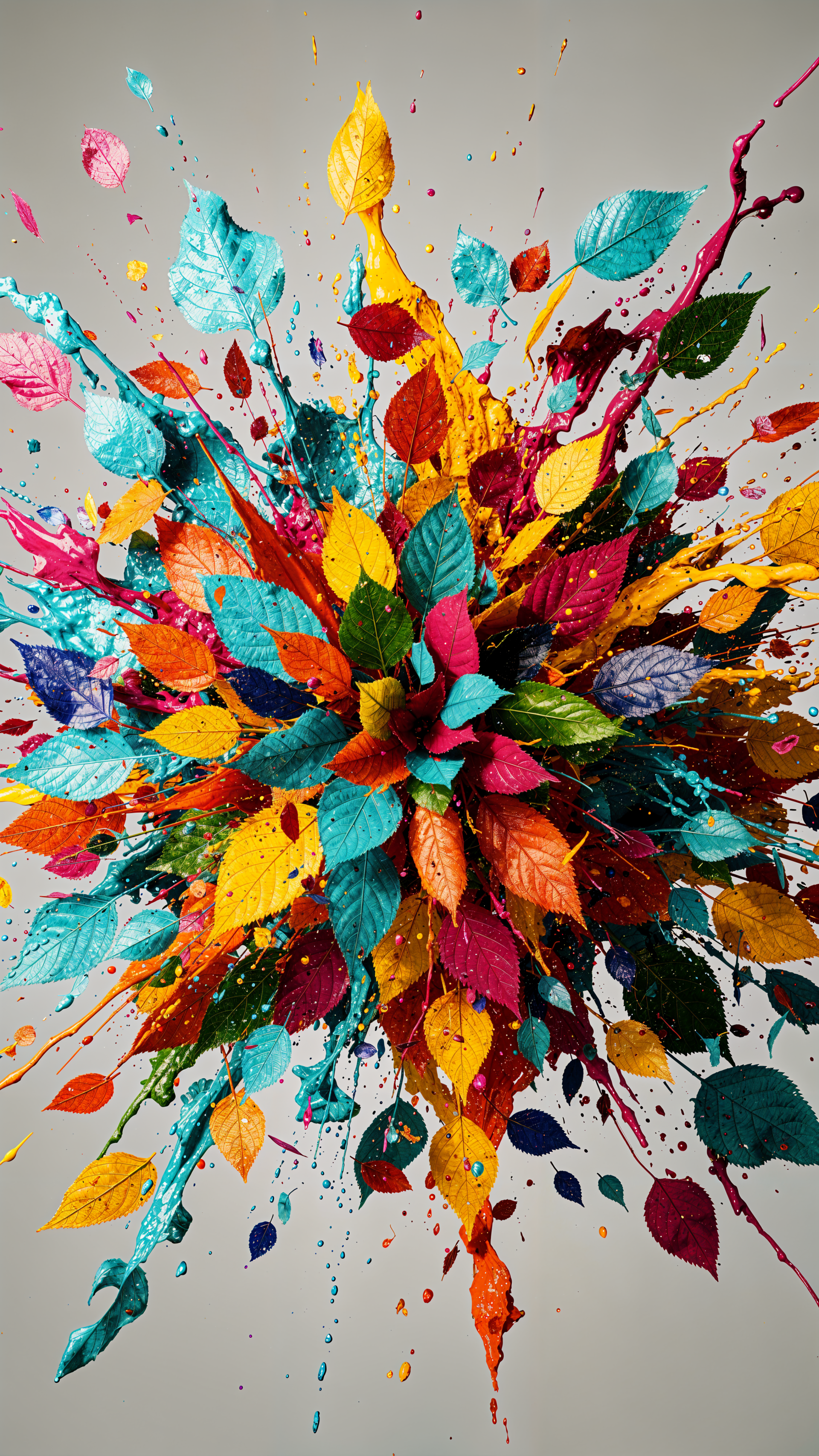 Vertical iPhone wallpaper: a Color Splash of vivid, multicolored leaves exploding outward on a pale background.