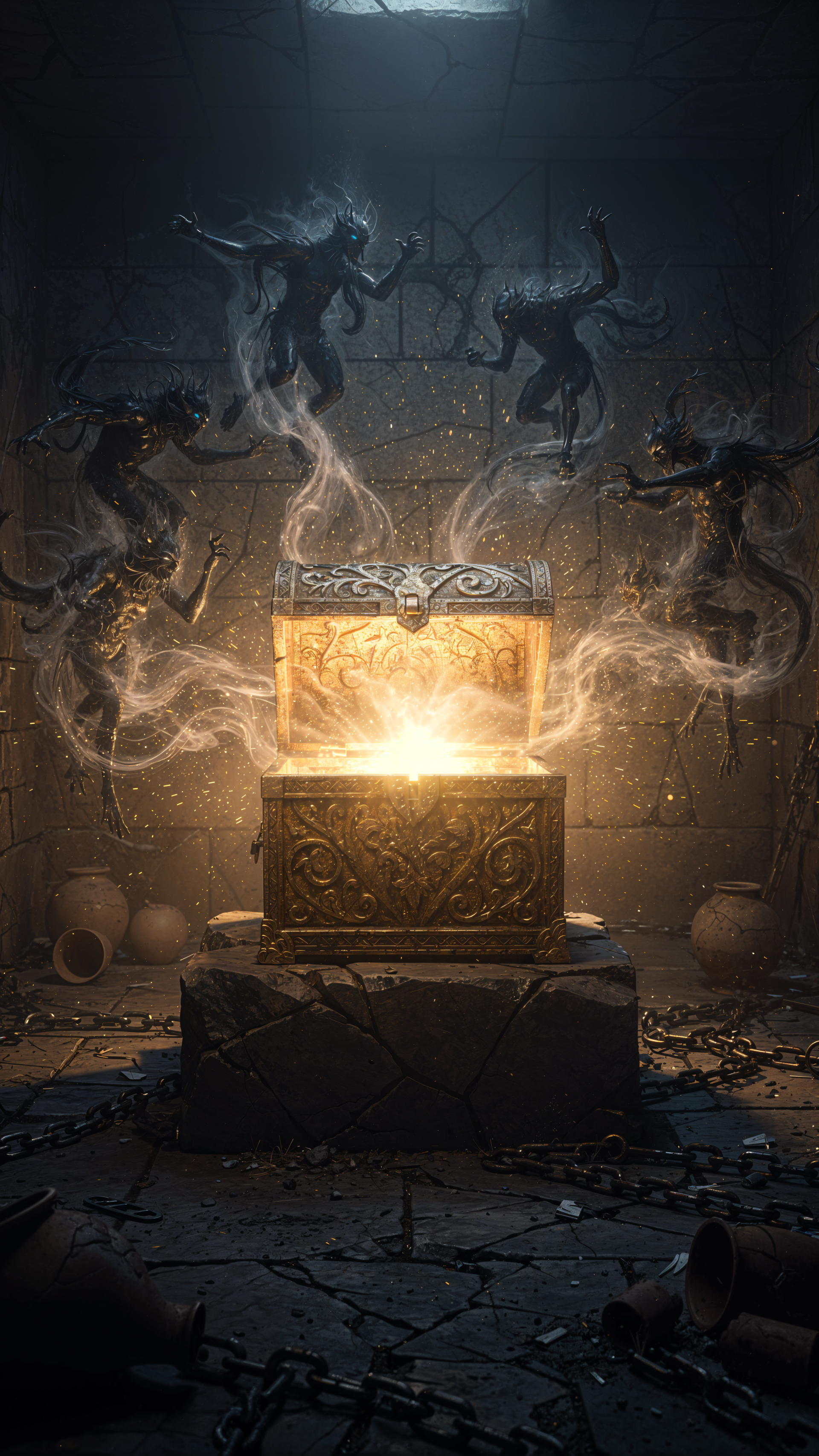 iPhone wallpaper — Pandora's Box sits on a cracked stone pedestal, spilling golden light and smoky spirits while shadowy figures writhe on the dungeon walls.