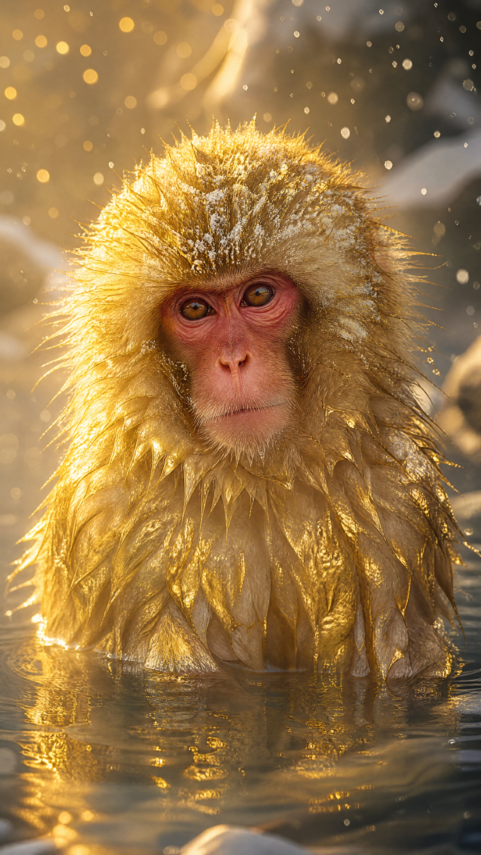 Portrait of a snow monkey soaking in a steaming pool, golden backlit fur and falling snow — vertical iPhone wallpaper composition.