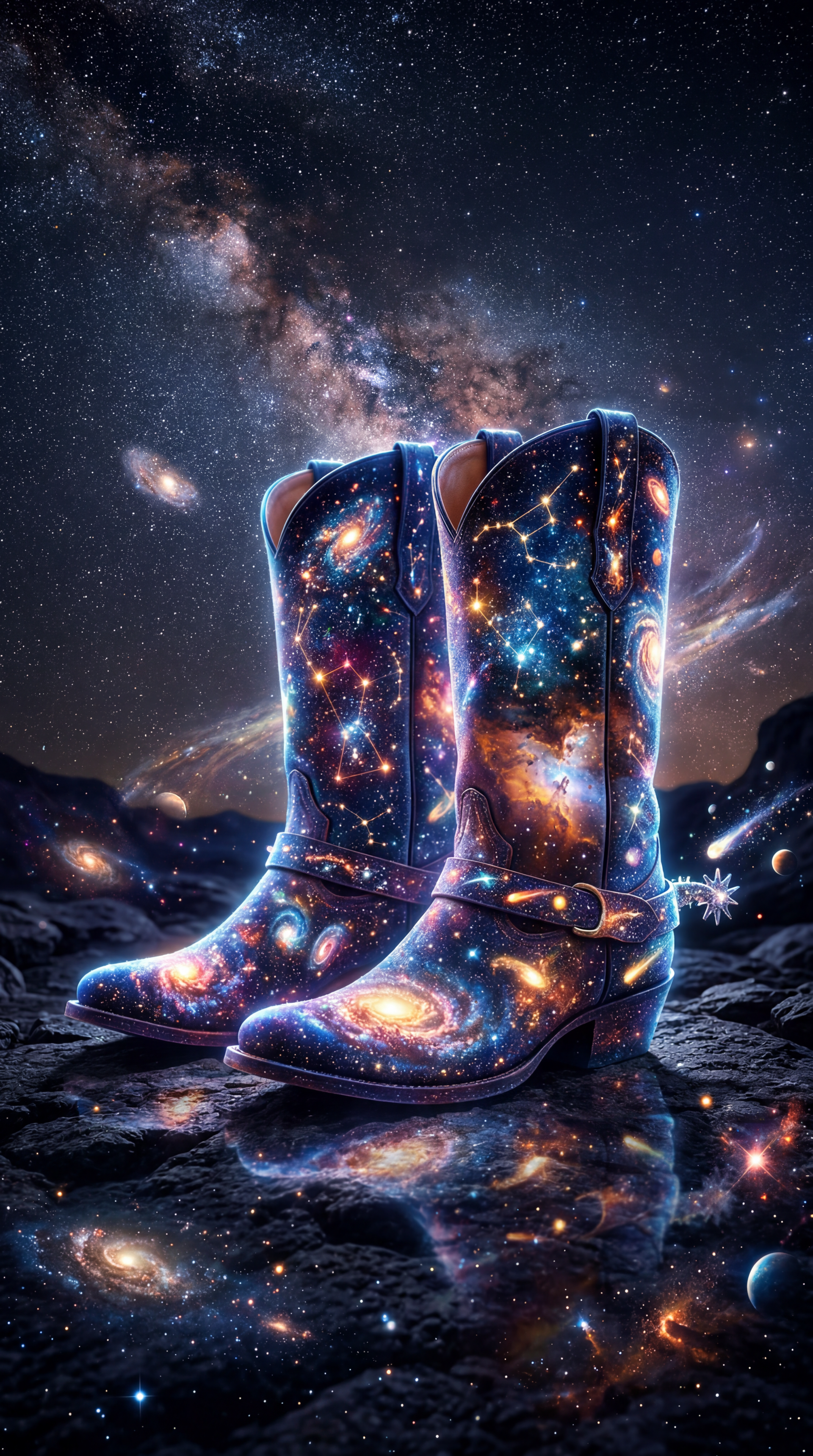 iPhone wallpaper of glowing cowboy boots patterned with galaxies and constellations, reflected on rocky ground beneath a star-filled Milky Way sky.