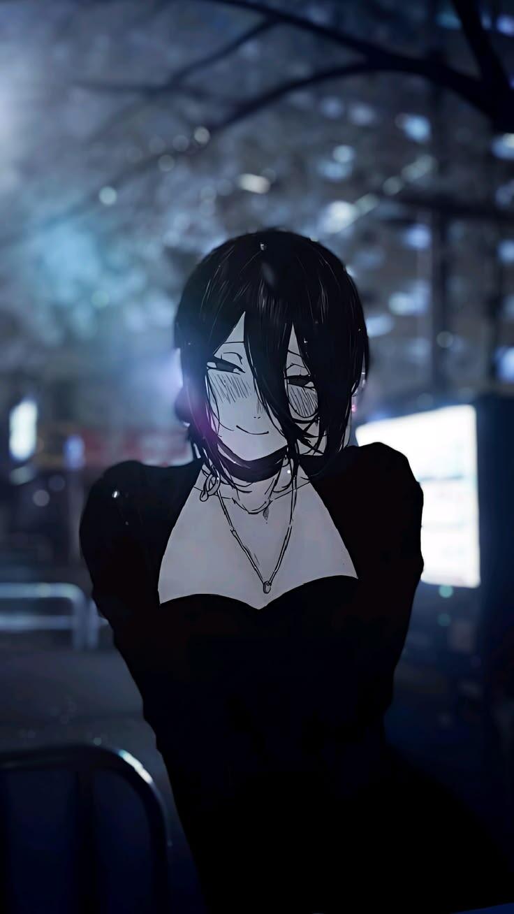 Anime iPhone wallpaper showing a blushing, black-haired woman in a dark dress smiling shyly under snowy city night lights and soft bokeh.