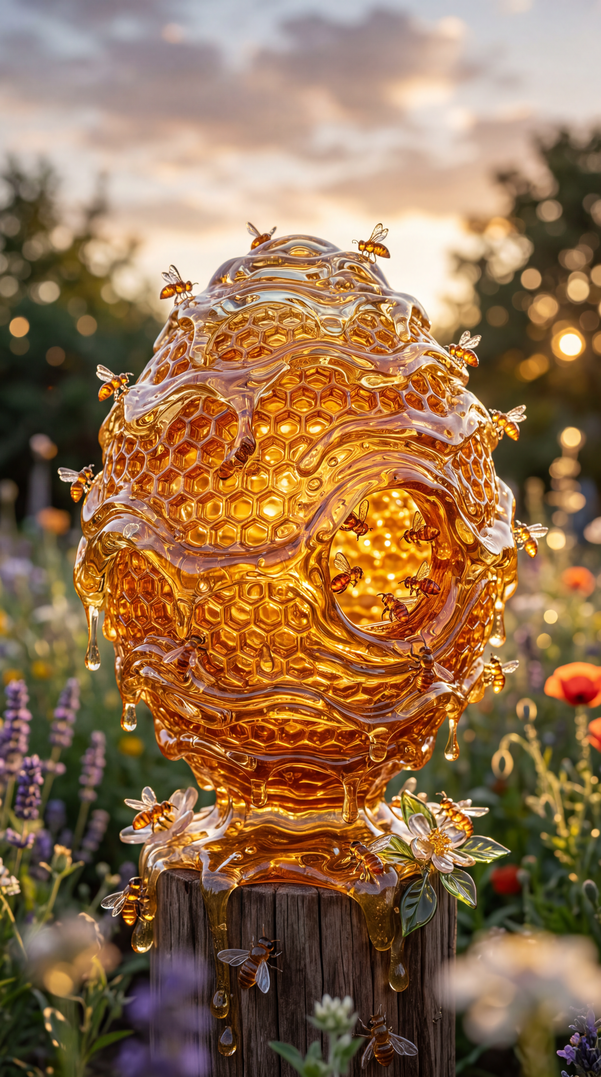 iPhone wallpaper: glowing amber beehive sculpture dripping honey on a post, surrounded by bees and wildflowers at sunset.