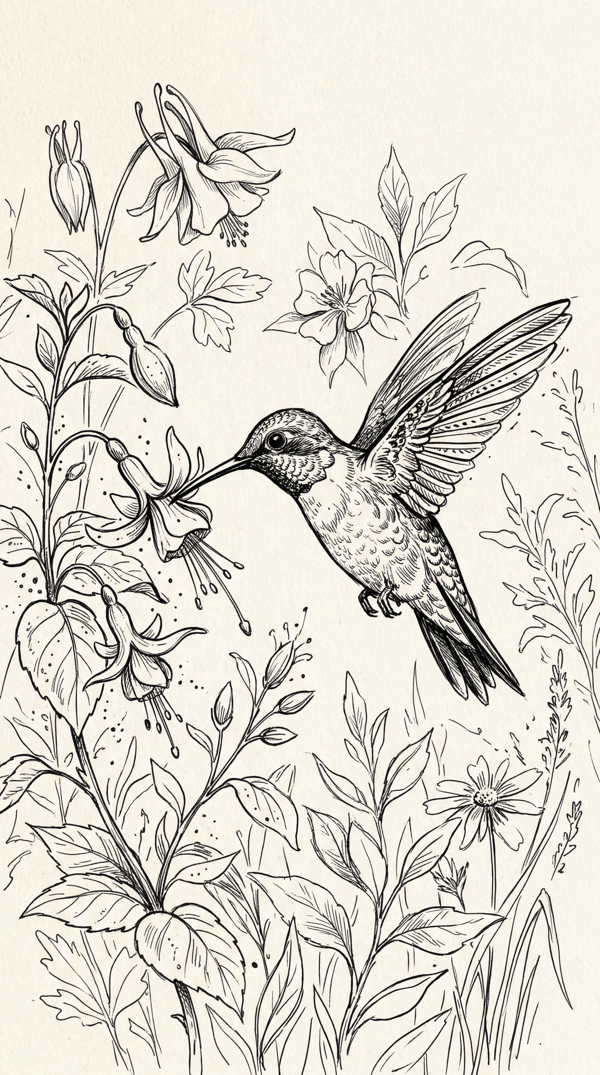 Black-and-white line drawing of a hummingbird sipping bell-shaped flowers amid botanical sketches — vertical iPhone wallpaper, delicate ink illustration.