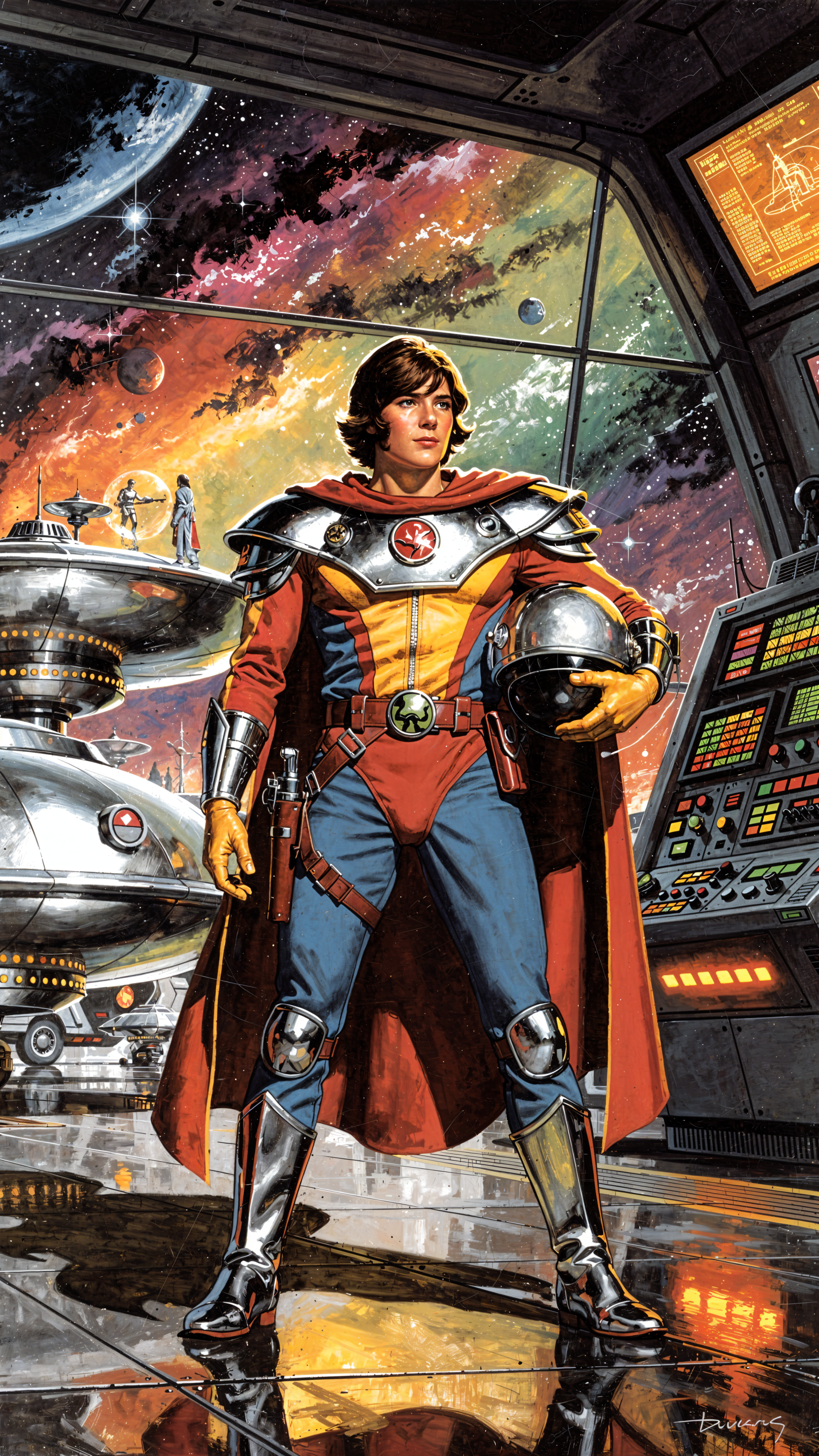 iPhone wallpaper of a retro space hero in red cape and chrome armor holding a helmet on a starship bridge, with planets, stations and colorful nebulae outside the window.