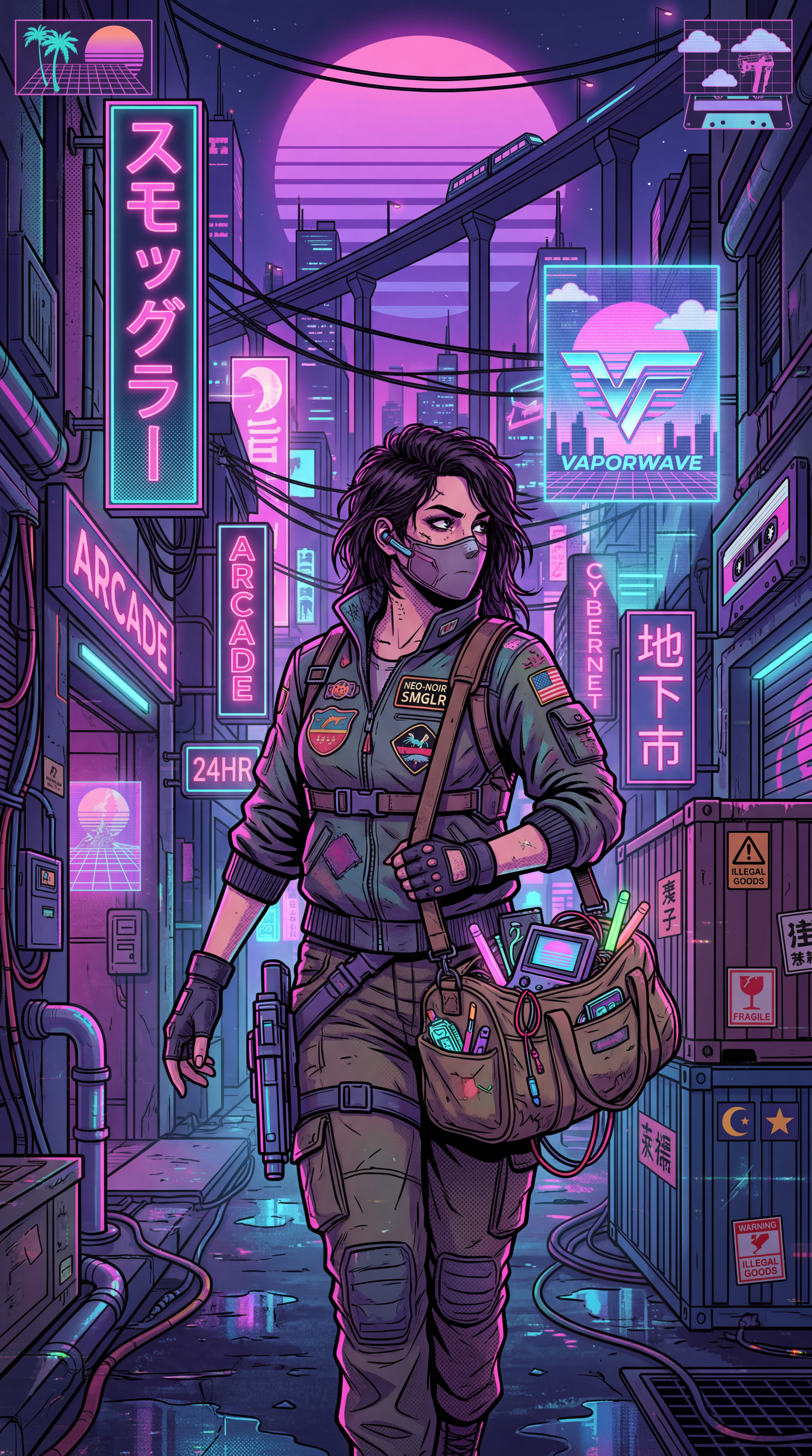 iPhone wallpaper — neon vaporwave cyberpunk smuggler in a mask walks a rainy city alley, tactical gear and a satchel of glowing contraband beneath a pink‑purple moon.